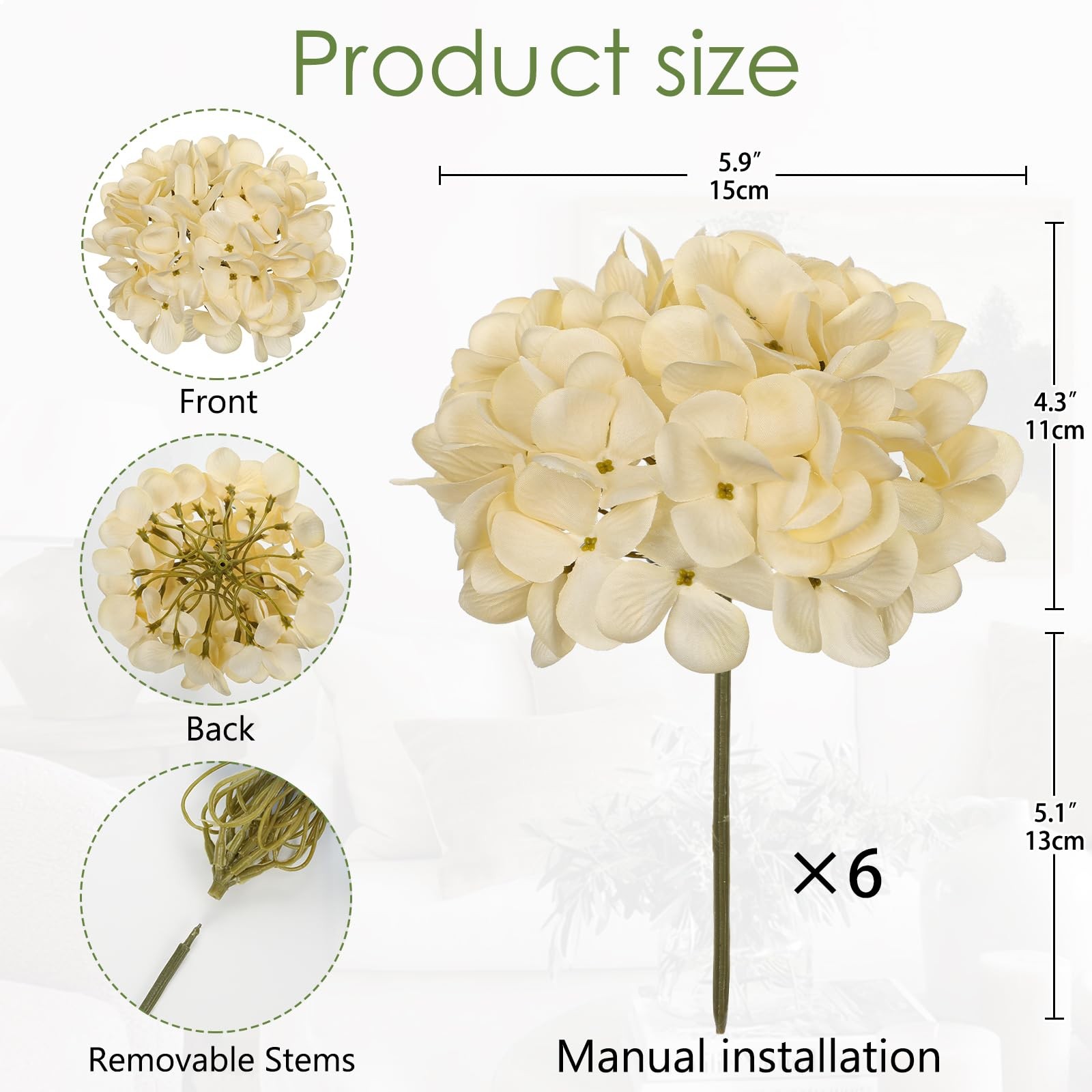 6 Pcs Beige Hydrangea Artificial Flowers Heads with Stems Silk Faux Hydrangea…