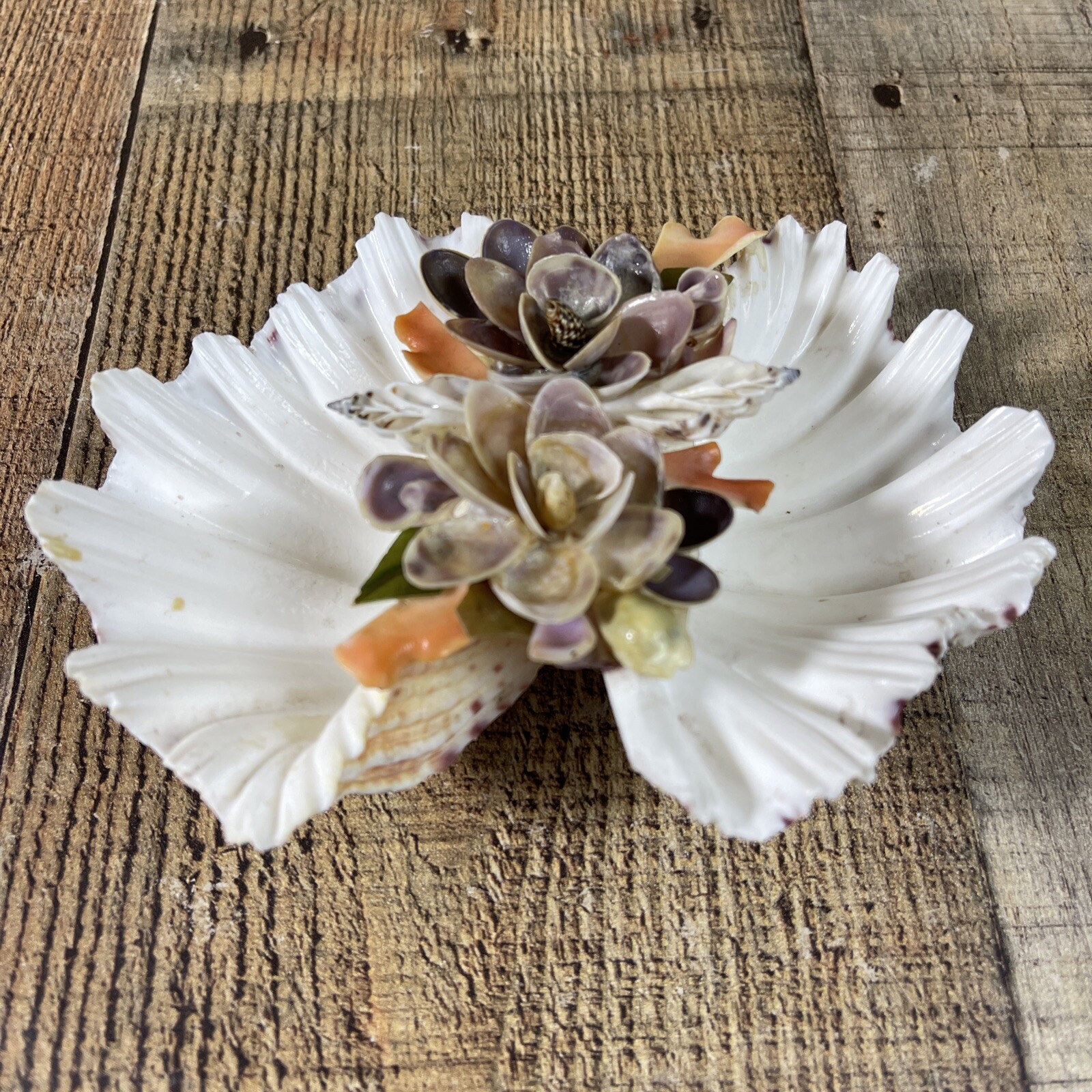Handcrafter Shell floral motif Dish white peach green tones