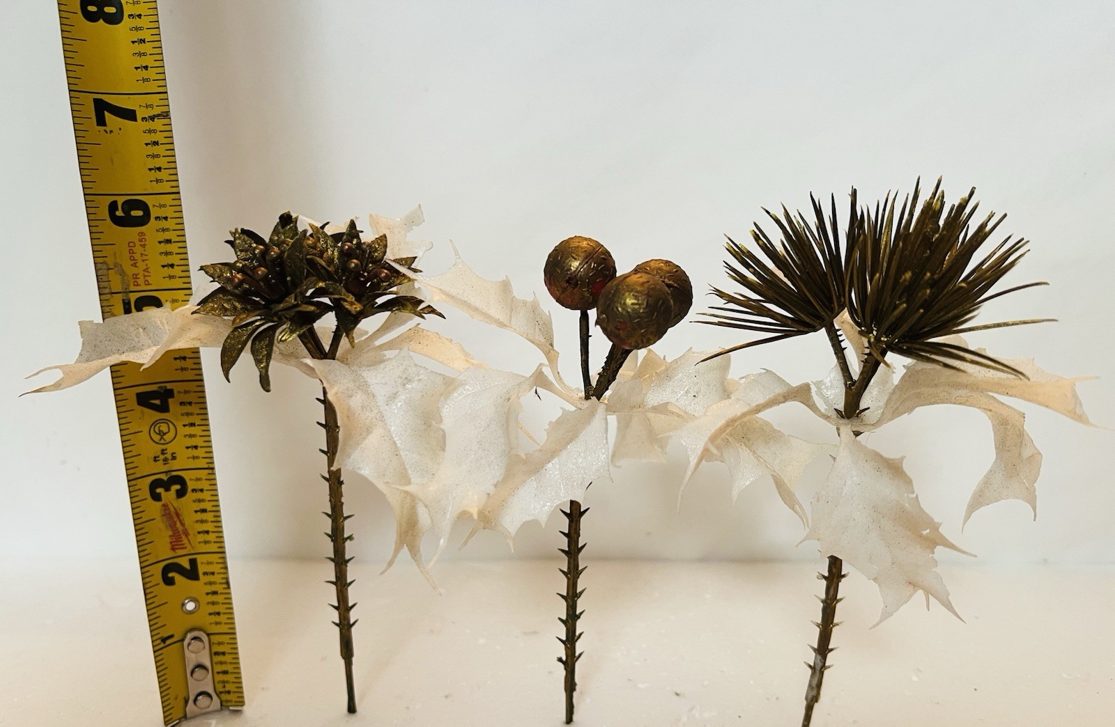 Vintage Gold White Holly Floral Stems Plastic Twig Christmas Decor lot 3