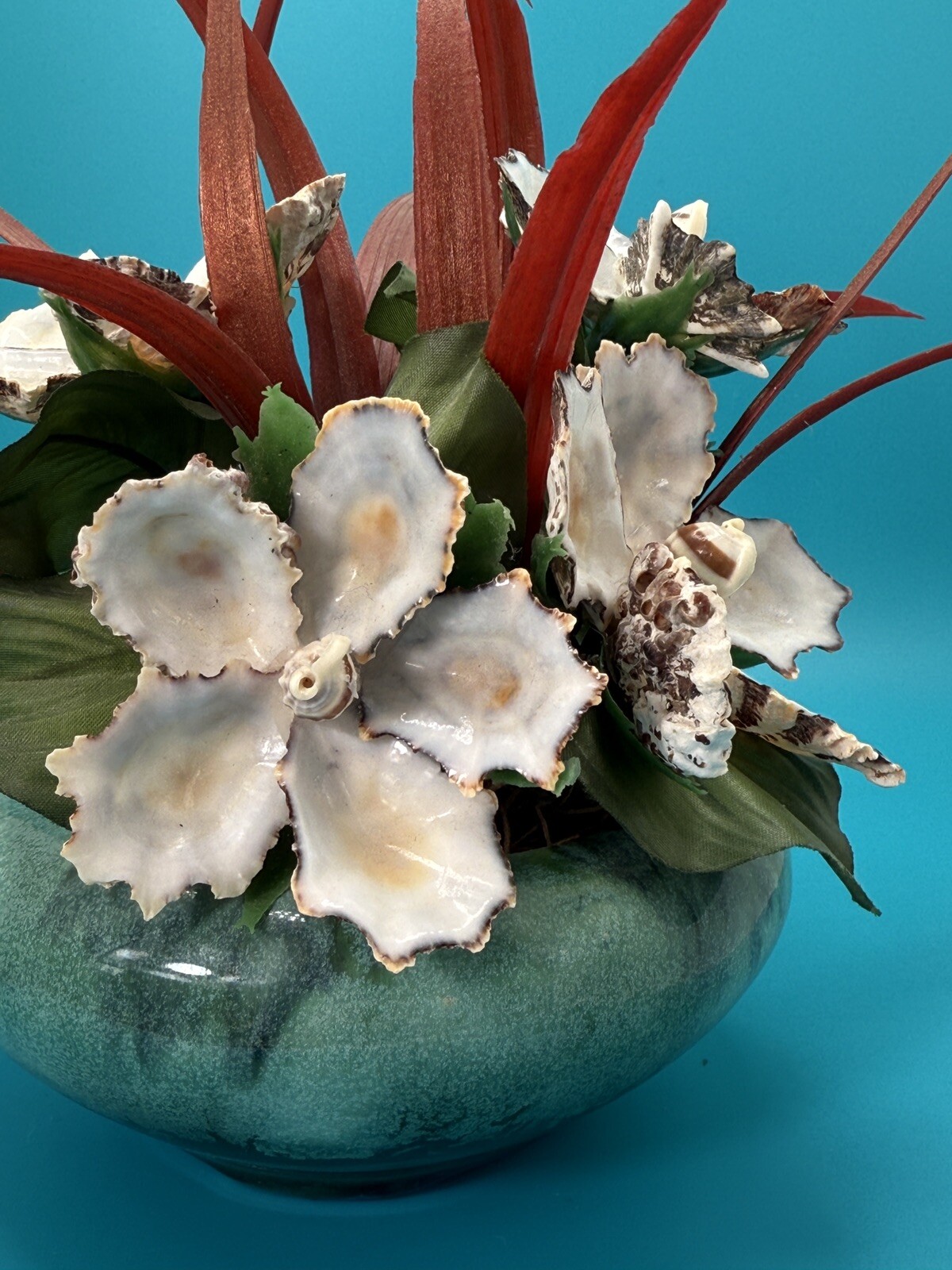 Handmade Seashell Flower Arrangement with Realistic Detailing in Ceramic Base