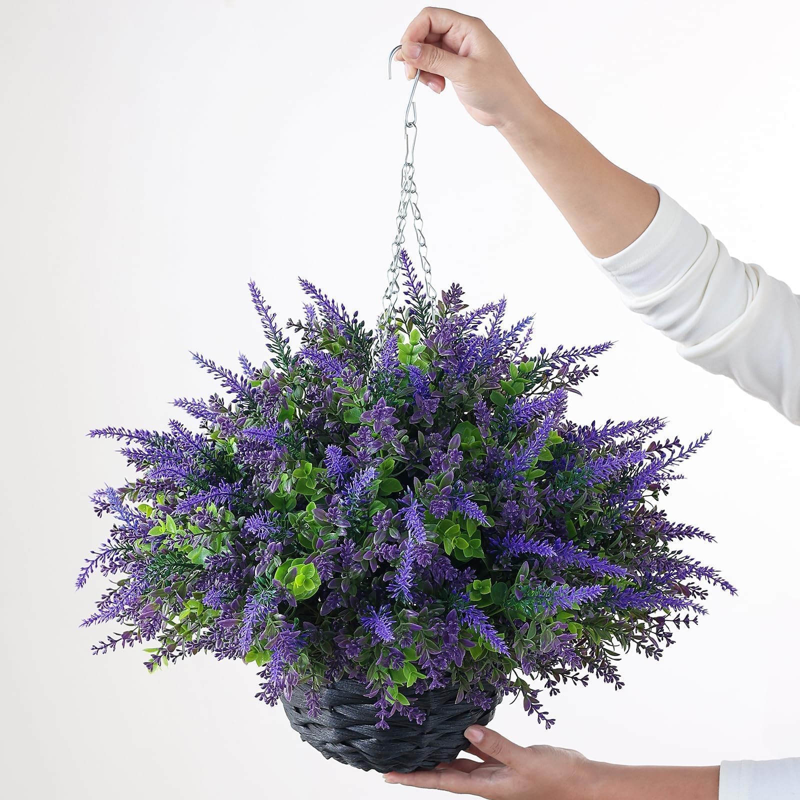 VIERENA 2 Sets Artificial Lavende & Eucalyptus Leaves Hanging Basket for Outd…