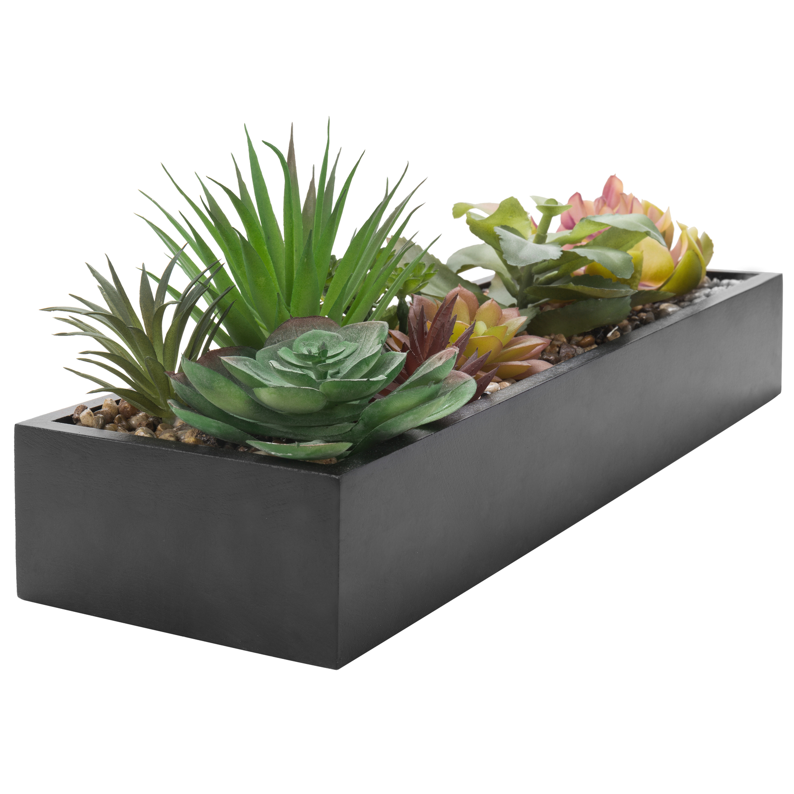 MyGift Assorted Artificial Succulent Plant Arrangement in Black Wood Planter Box