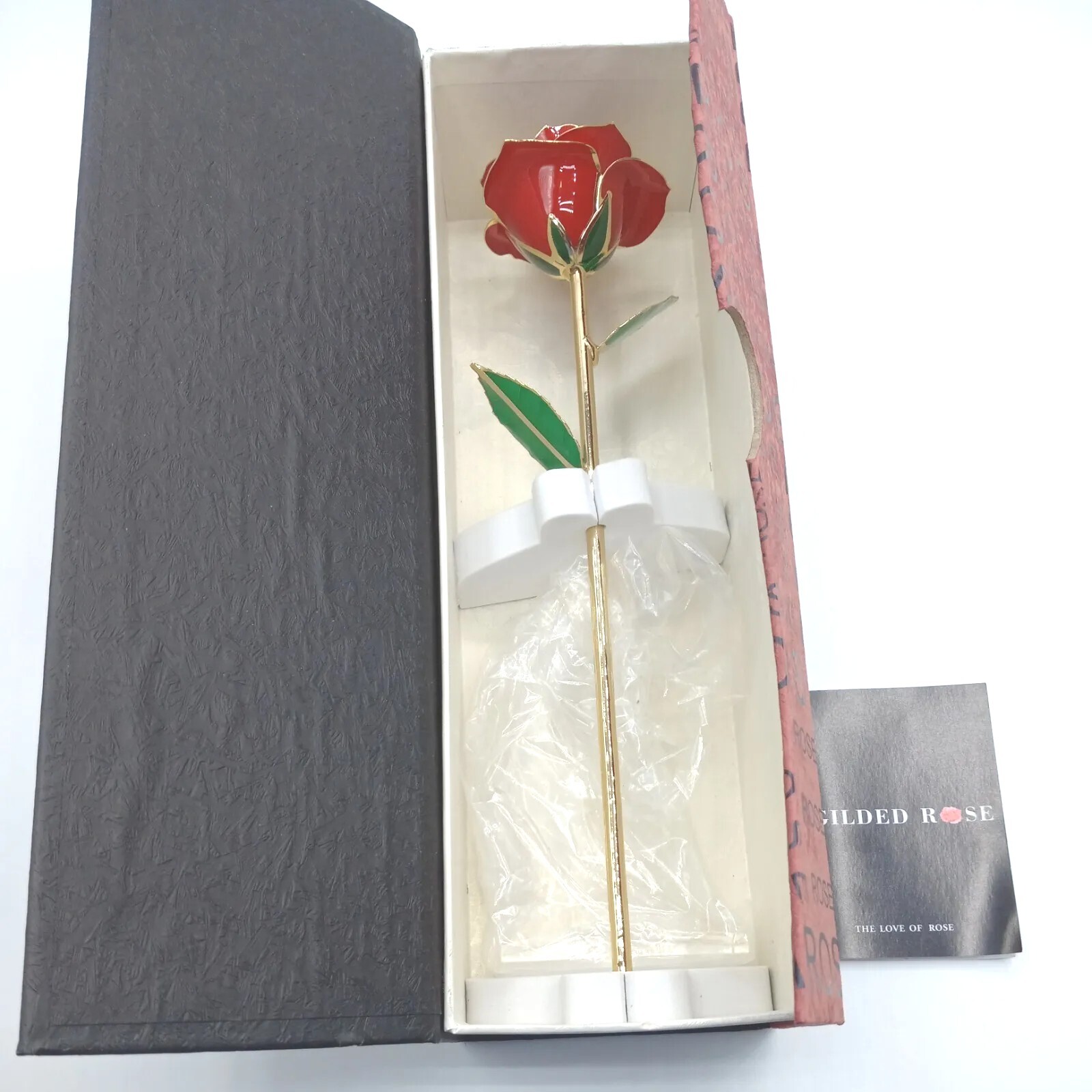 Gold Gilded Rose Real Red Long Stemmed Rose with Stand Open Box