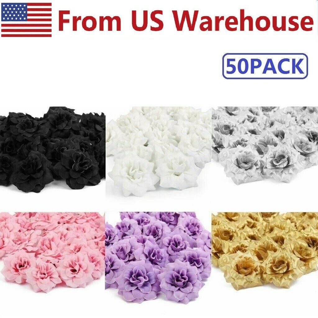 50PCS Artificial Fake Rose Silk Flower Head Wedding Party Garden Home Decor USA