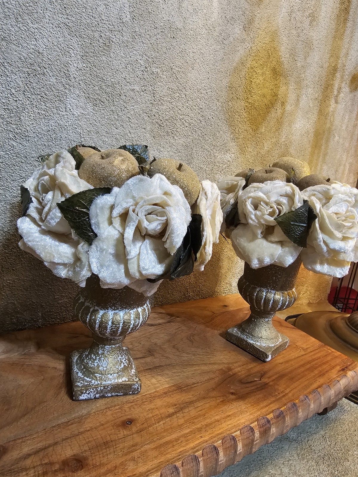 2 Vtg Velvet Floral Arrangement Cream Rose Glitter Apple in Champagne Urn/bowl