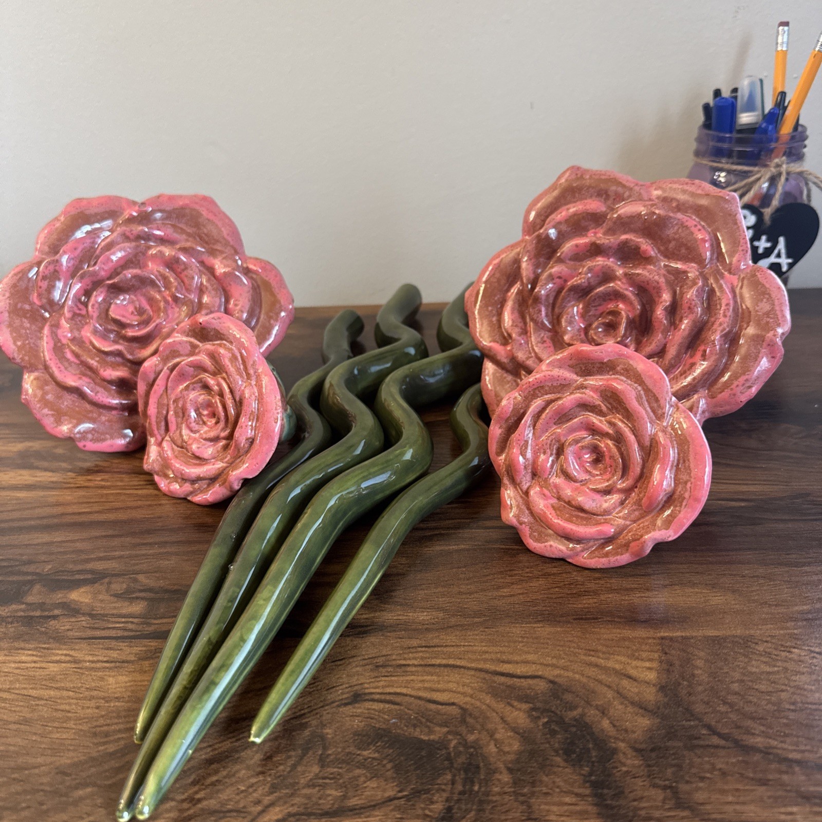 Stoneware Ceramic Rose Flowers & Stems – Handmade Glazed Pink – Set of 4