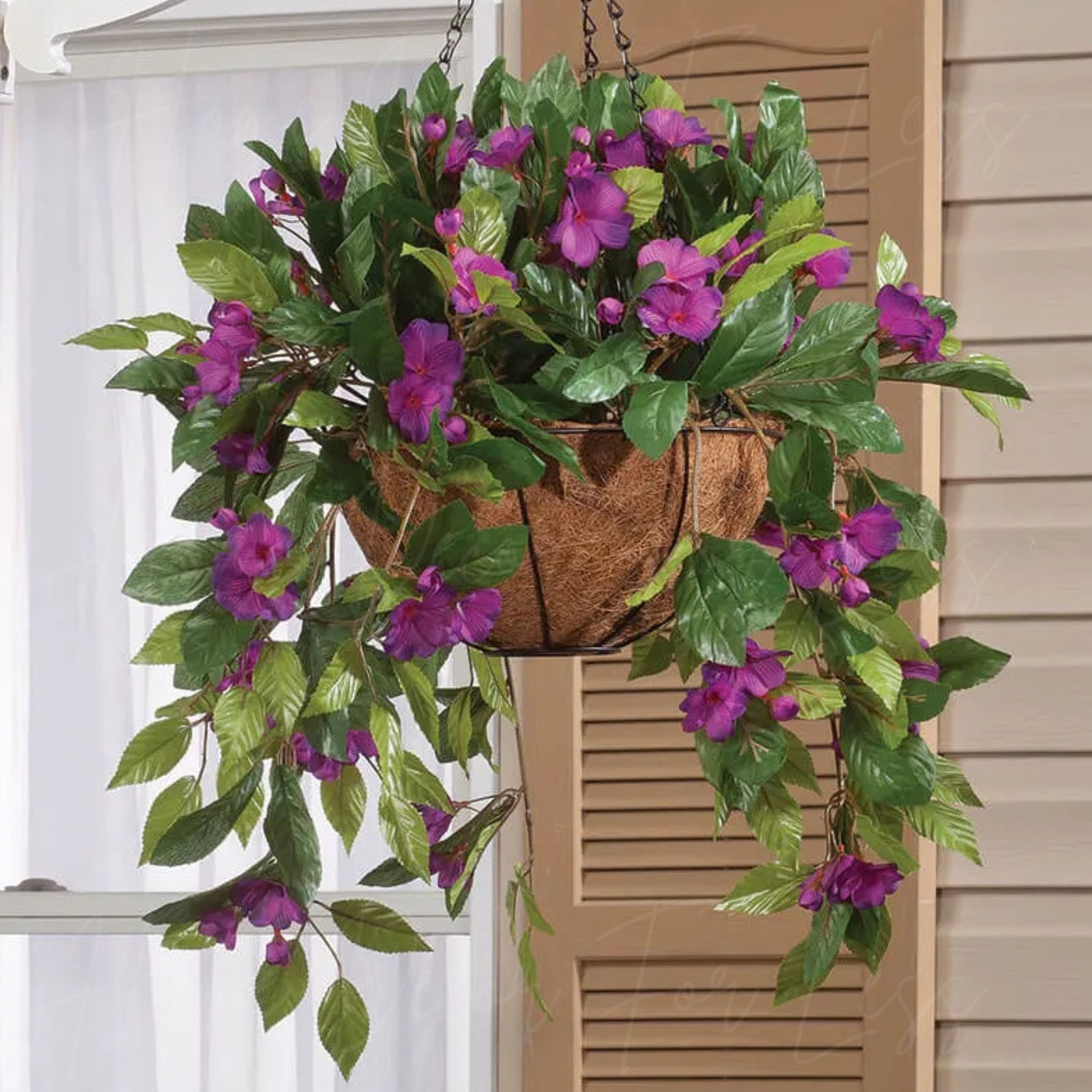Large Artificial Purple Impatiens Hanging Basket Indoor Outdoor Patio Yard Decor