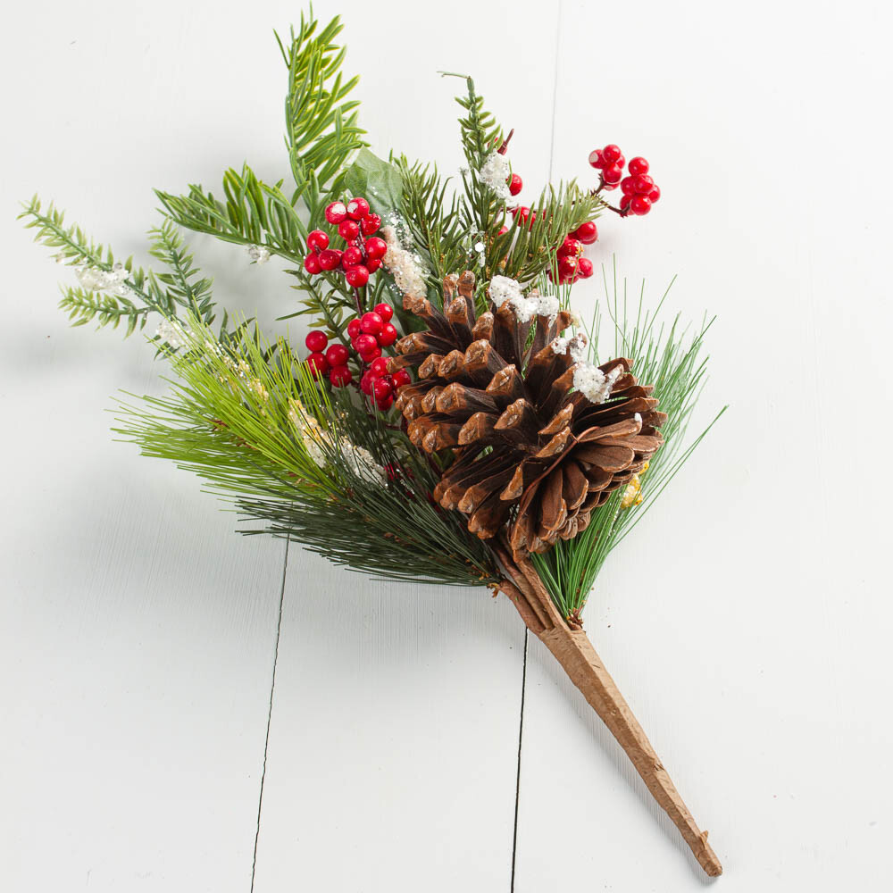Lot of 2 Artificial Snowy Pine 16″ Spray with Berries and Pinecone