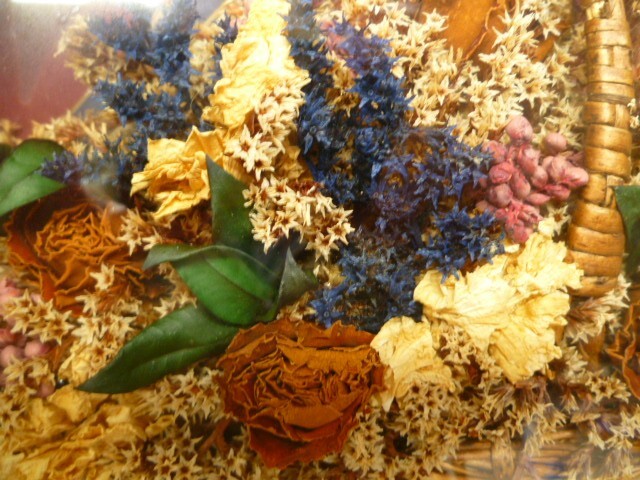 Vintage Hanging Wooden Shadow Box w/ Basket of Dried Flowers Signed Wall Art