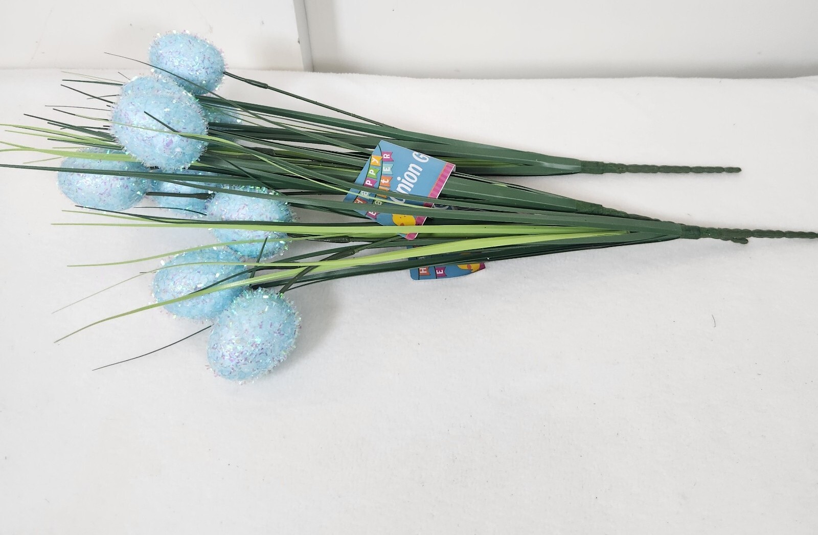 Set of 3 Faux Floral Pick~Onion Grass+Blue Glittery Easter Eggs SPRING DECOR