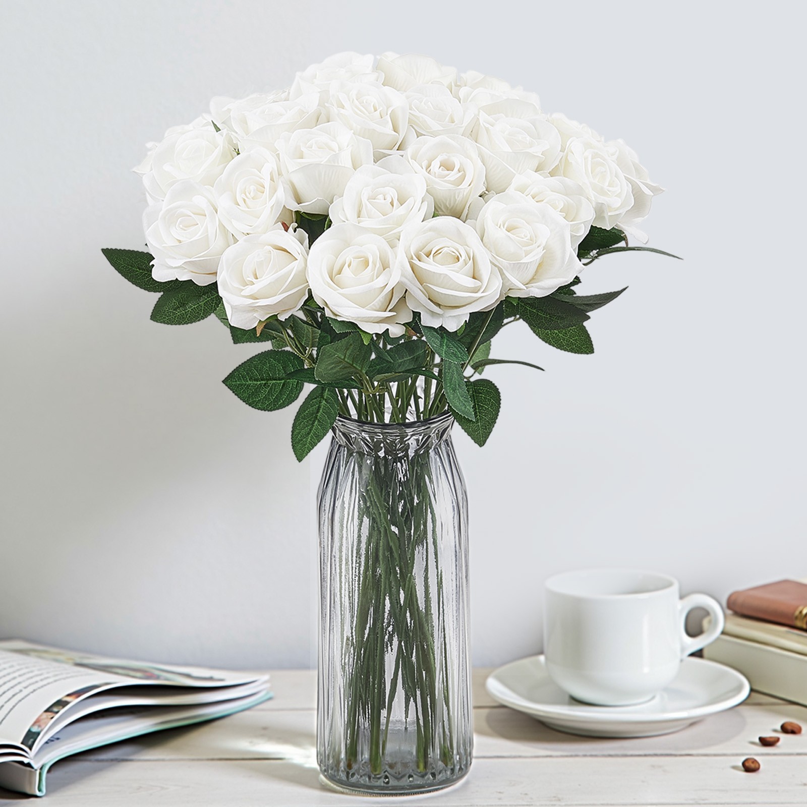 VEVOR 60Pcs White Roses Artificial Flowers Realistic Bouquet for Xmas Home Decor