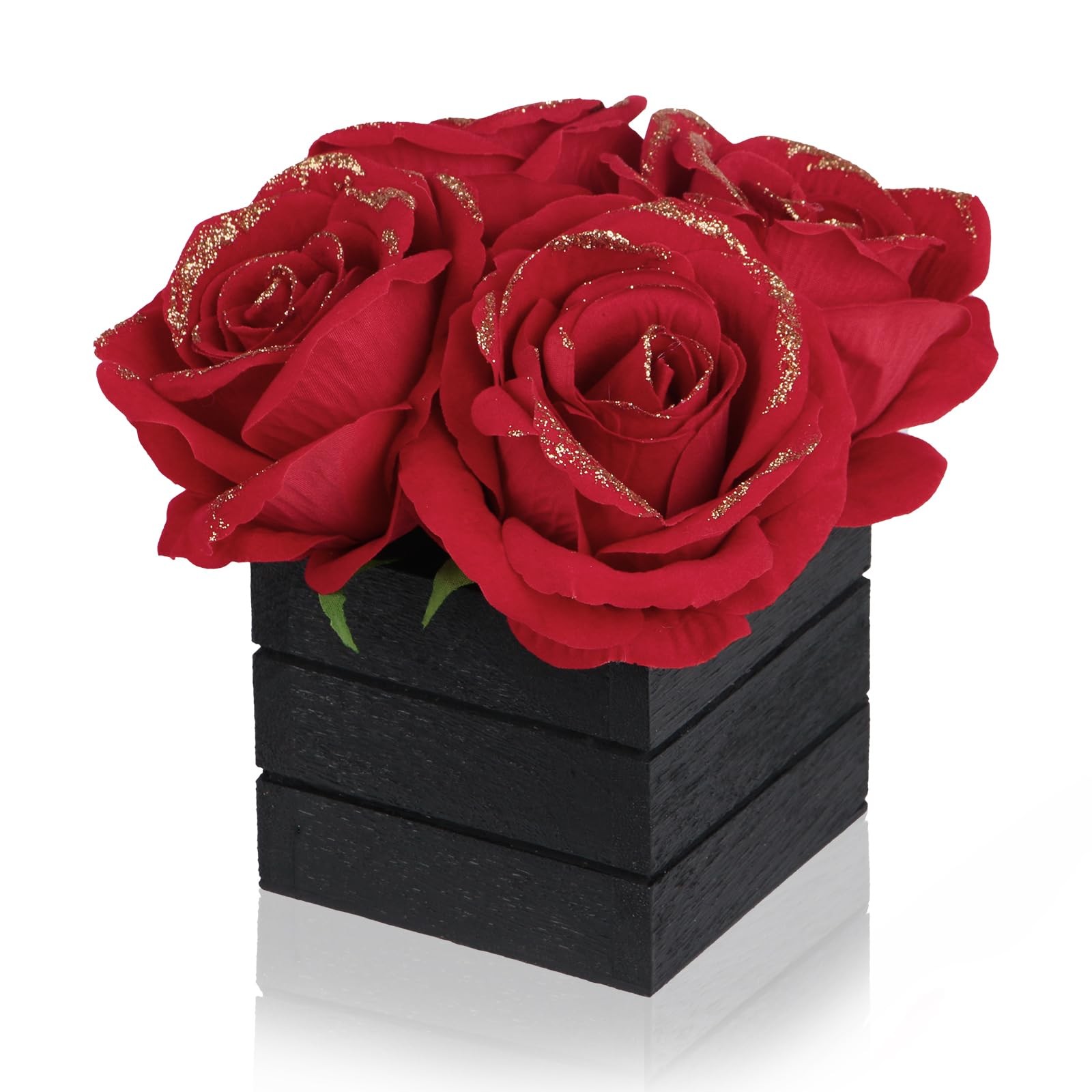 CVHOMEDECO. Artificial Red Roses with Wooden Vase Silk Red Glitter Rose in Bl…
