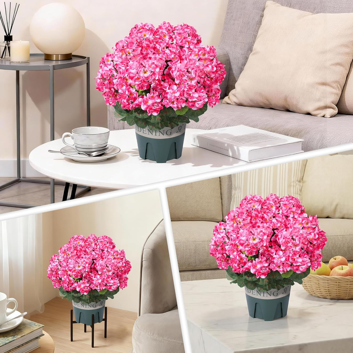 Geraniums Artificial Flowers for Outdoors, 2 Pack Potted Plants Pink Faux Gerani