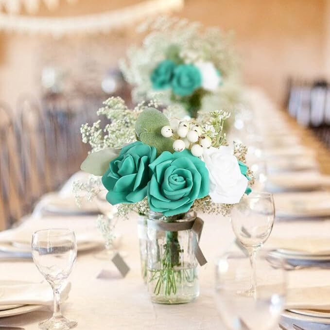 100PCS Teal Green Artificial Foam Roses Wedding Flowers DIY Home Decor