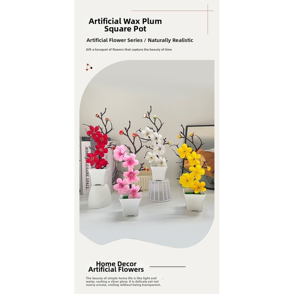 Realistic Artificial Winter Plum Flower Arrangement in Square Pot 10x10x26cm