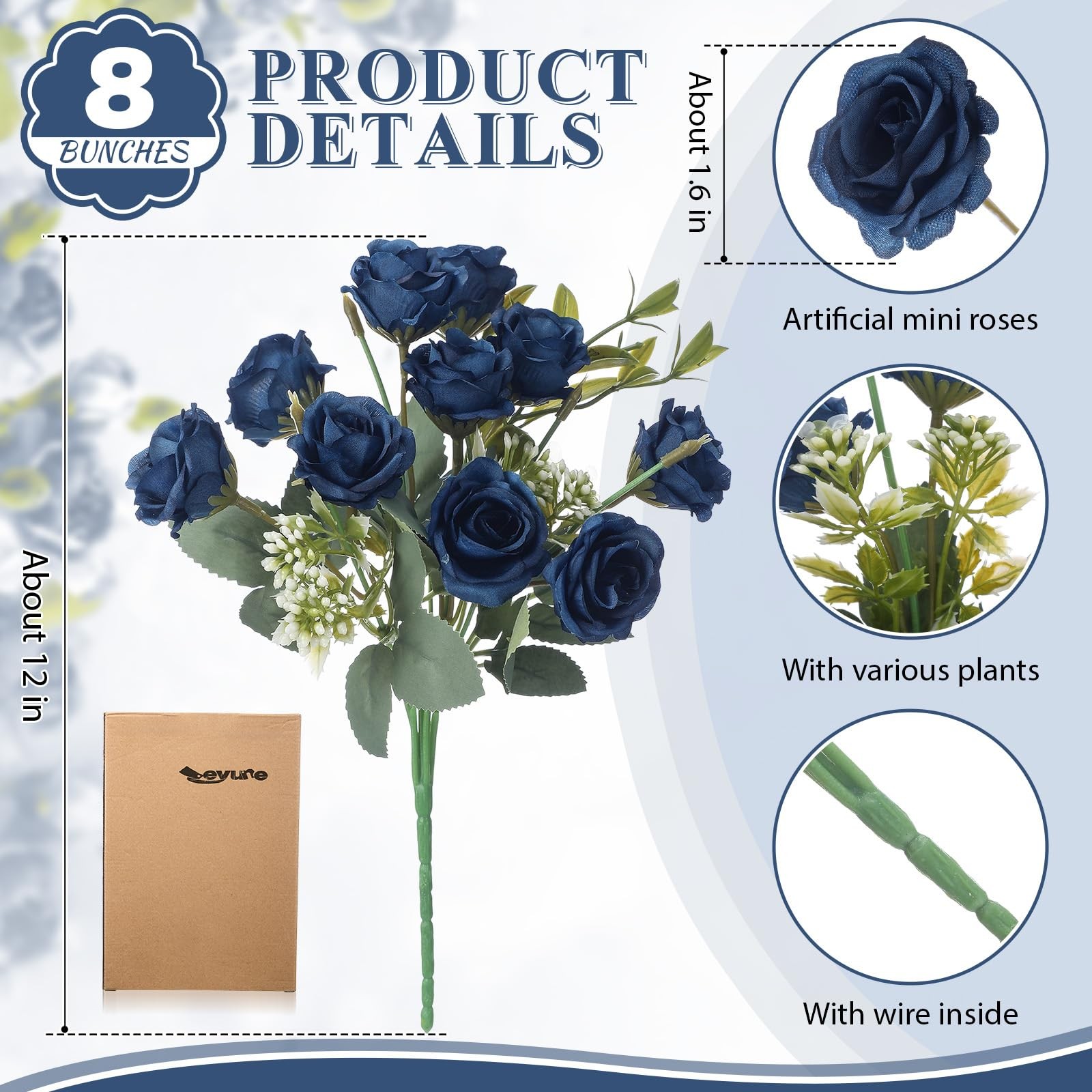 8 Pack Artificial Mini Dark Blue Roses, 12 Inch Fake Flowers with Stems, 80 S…