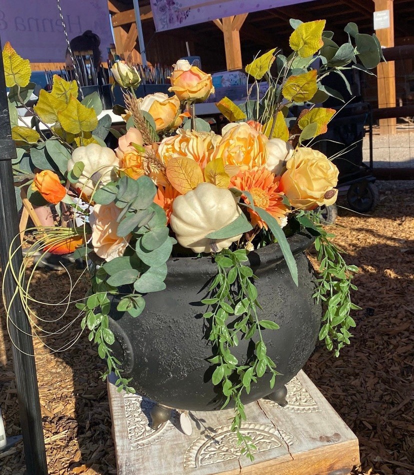 Large Decorative Footed Cauldron With Cottage-chic Autumn Floral Arrangement