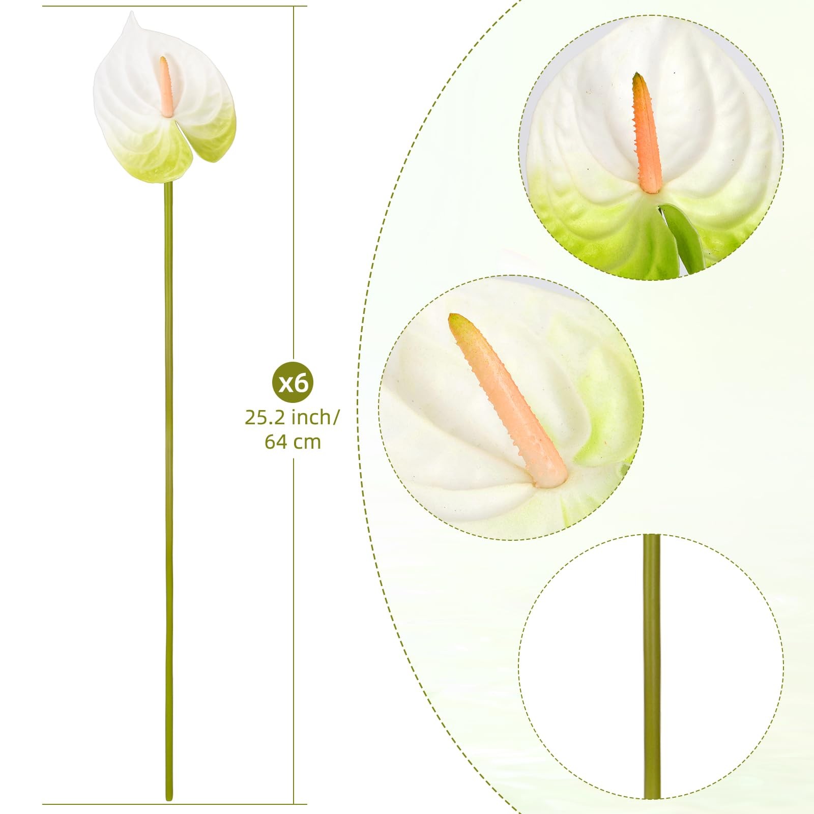 6 PCS 25.2 Inch Anthurium Artificial Flowers White Faux Silk Real Touch