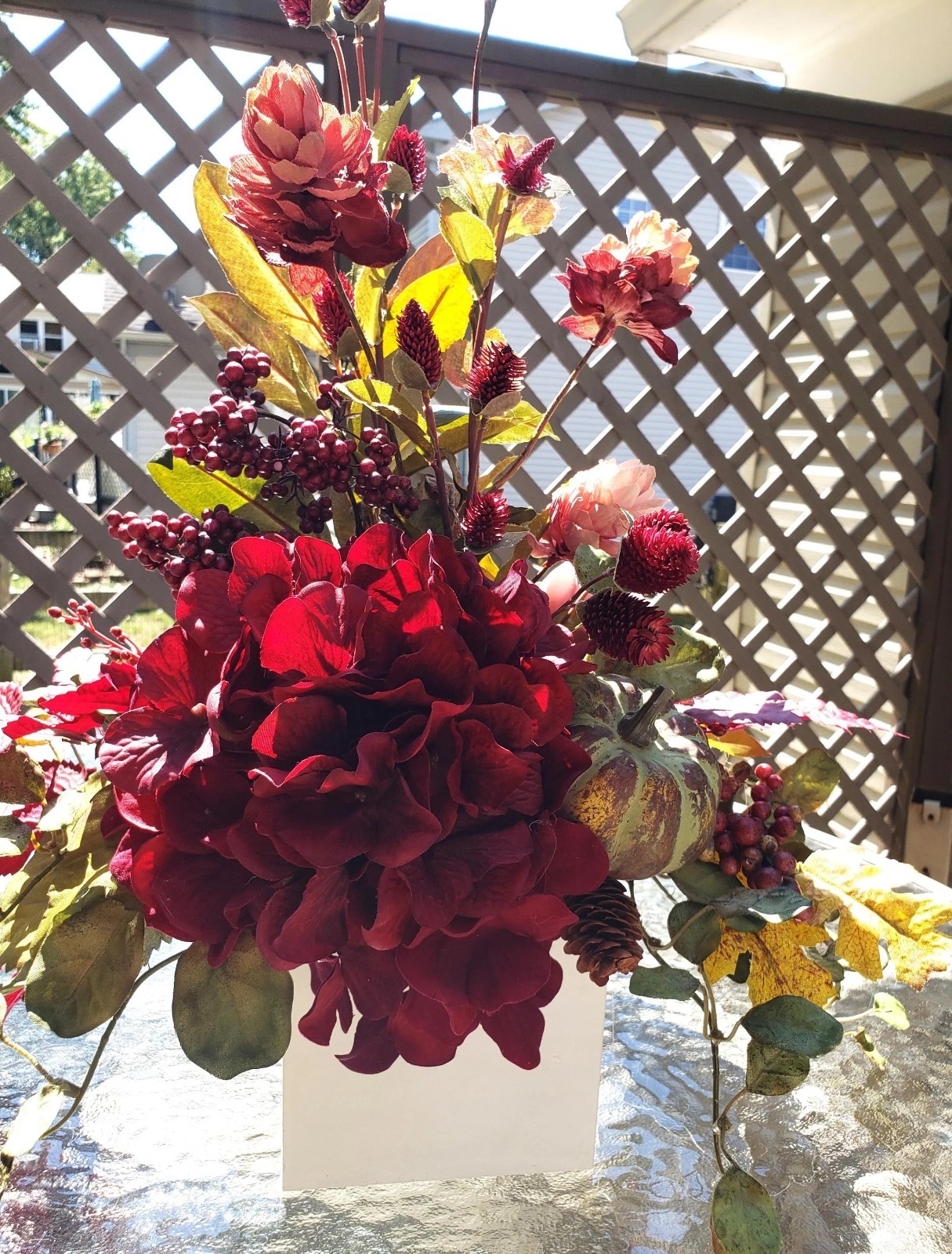 Fall Floral Arrangement, Burgundy Red Hydrangea Pumpkin Decor