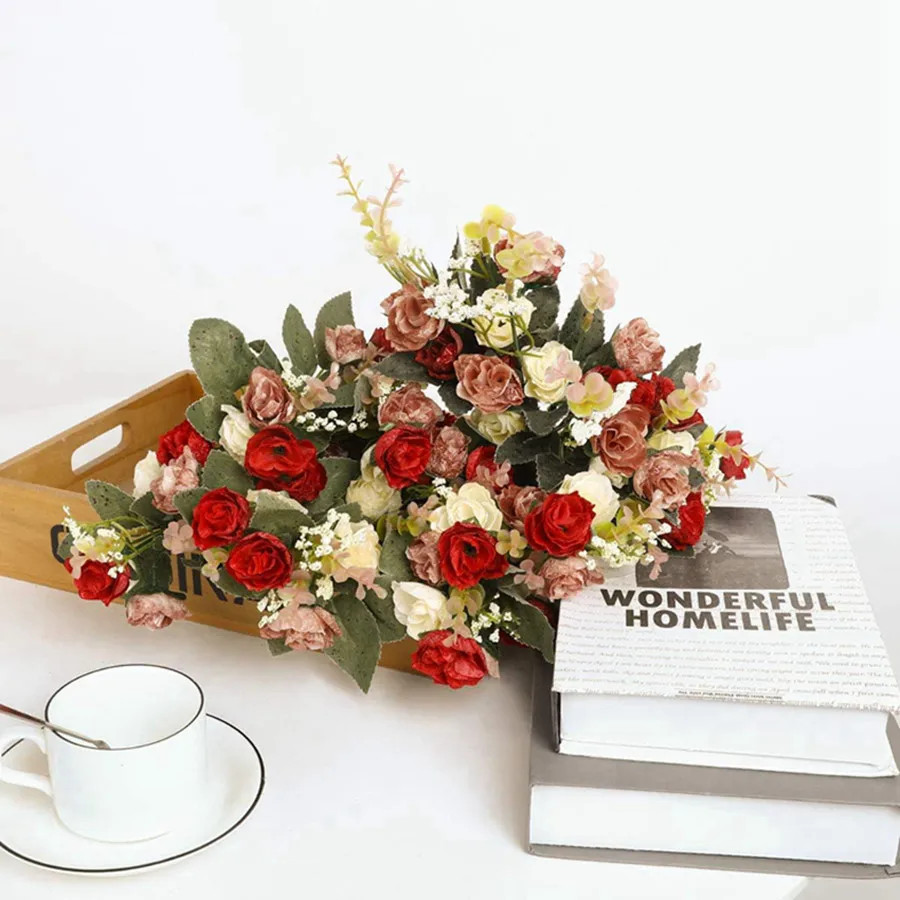 7 Forks 21 Heads Artificial Flowers Silk Rose High Quality Valentine Wreath Wedd