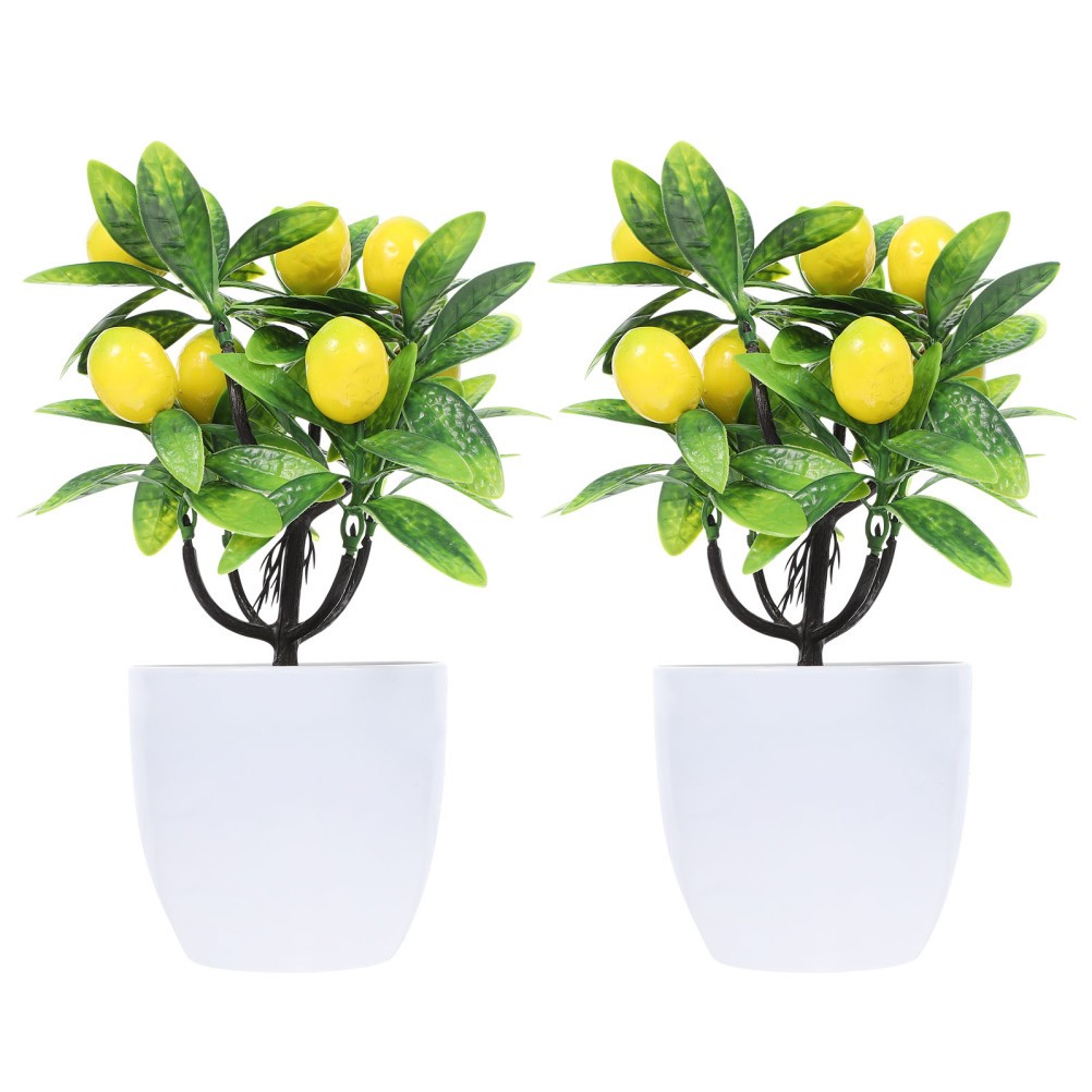 2Pcs Faux Lemon Tree Artificial Plant Yellow for Home Decor and Office Display
