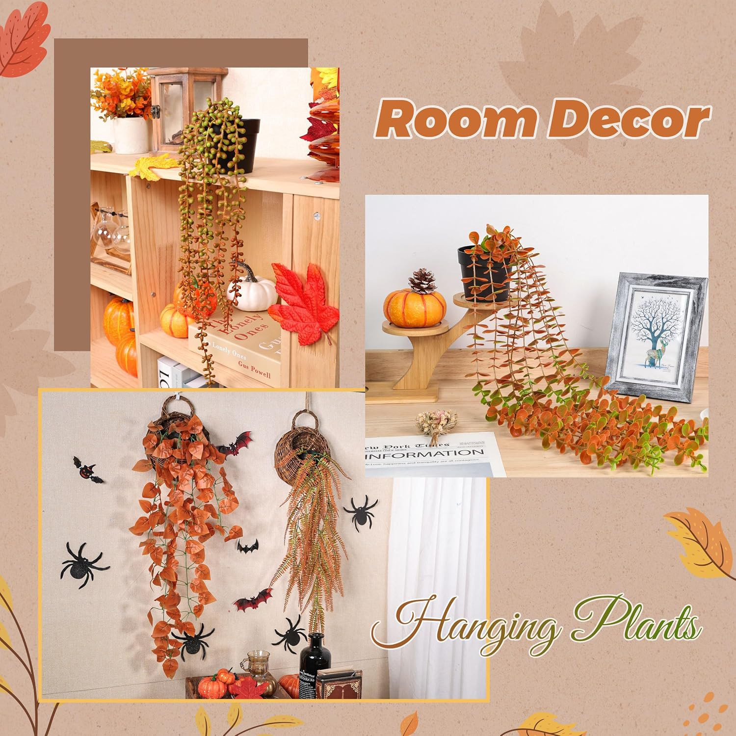 2Pcs Fake Fall Hanging Plants for Home Bathroom Wall Outdoor Decor | Orange Euca