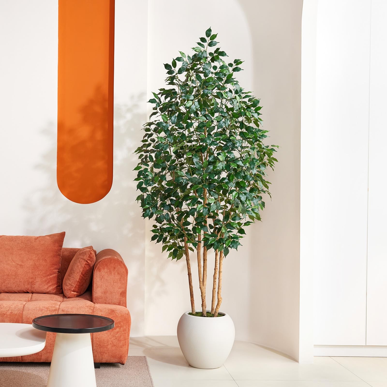 7FT Artificial Ficus Tree with White Planter – Realistic Faux Ficus Tree with…