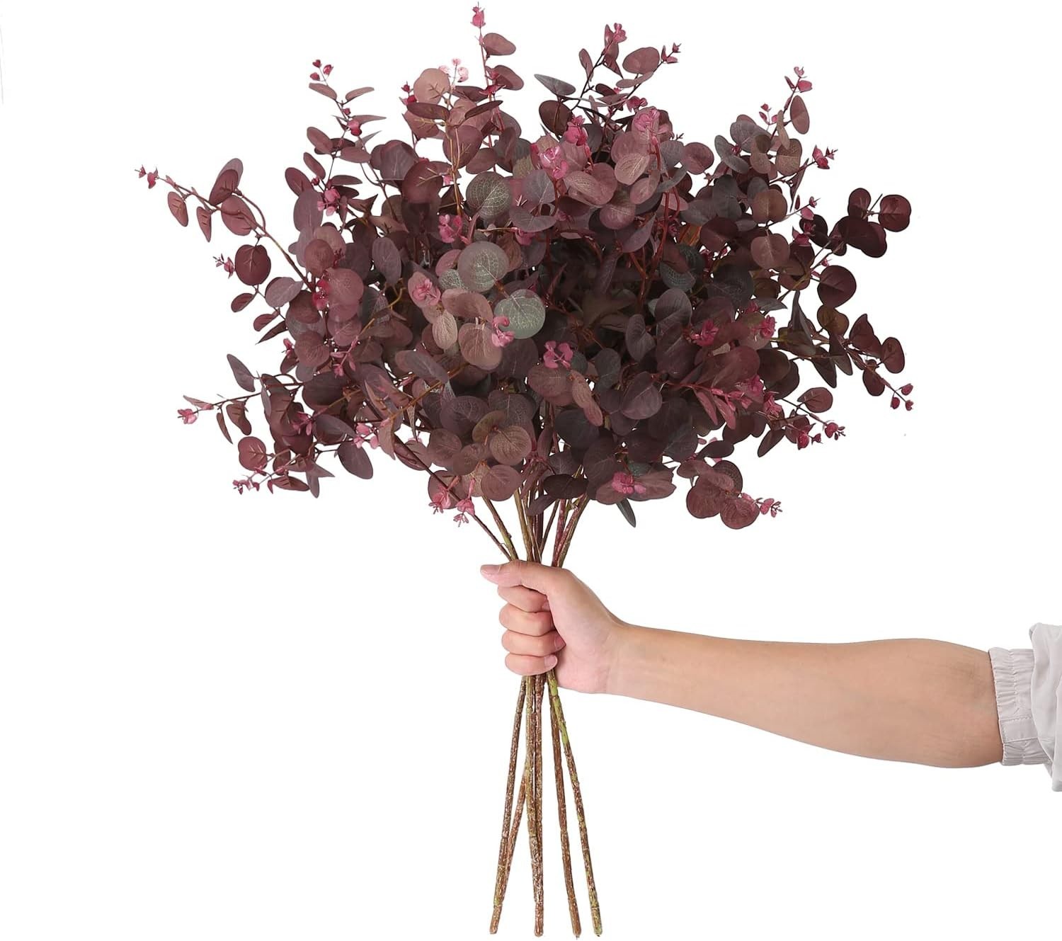 Elegant 3Pcs Wine Red Artificial Eucalyptus Stems – 29″ Indoor & Outdoor Decor