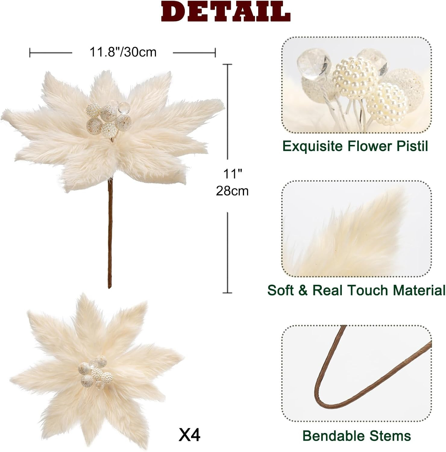 4PCS Creamy White Poinsettia Artificial Flowers for Christmas Decor