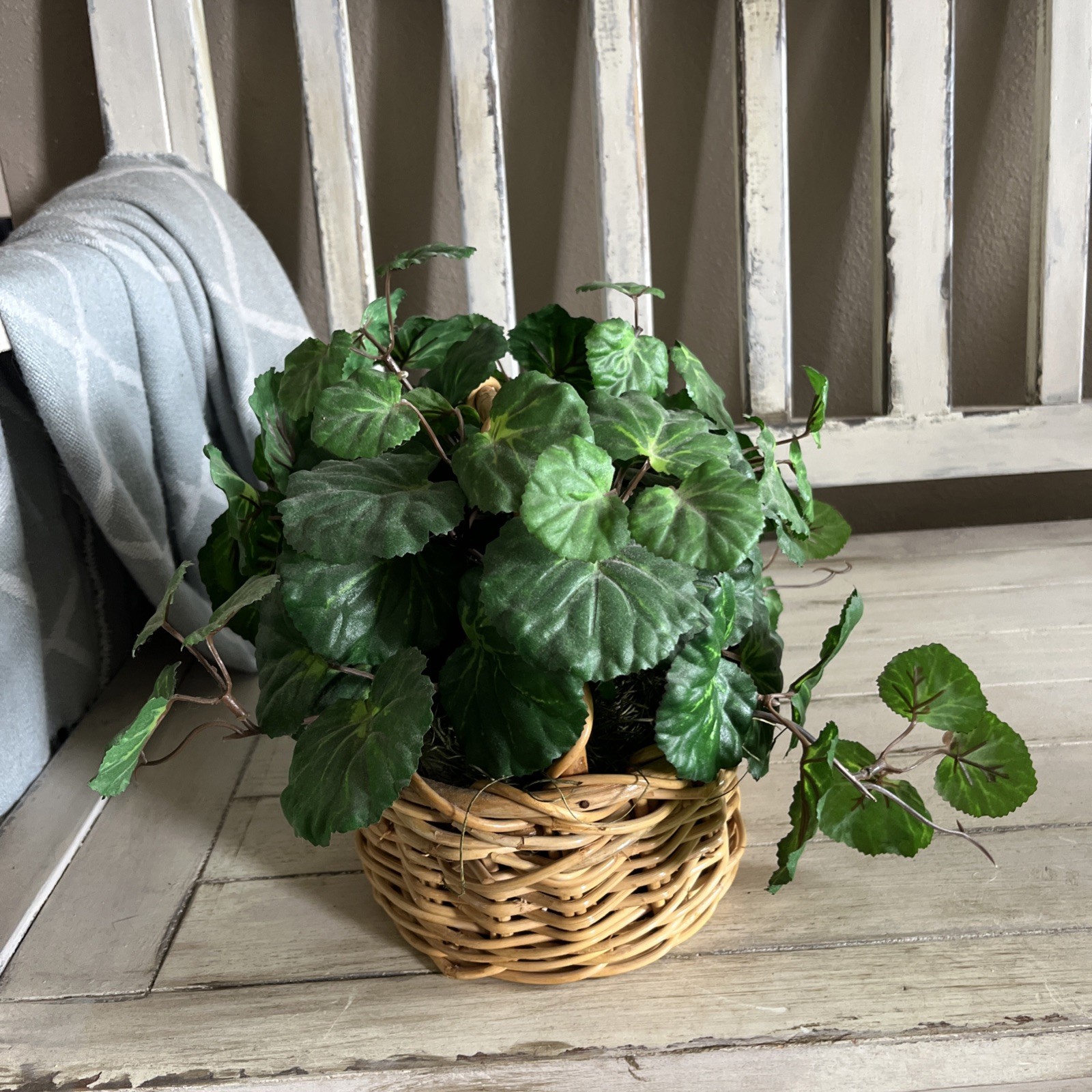Vintage Faux Artificial Begonia Leaf Plant In Wicker Basket7.5”Tx8.5”Wx6.5”D