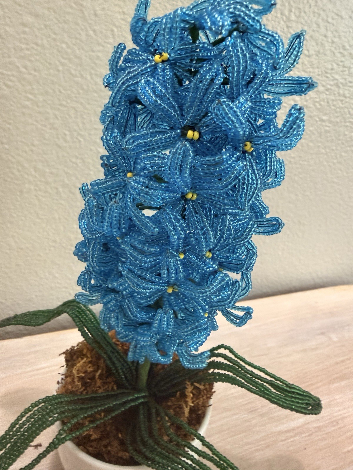 OMC Japan French Beaded Blue Hyacinth Arrangement in White Ceramic Pot 8 in