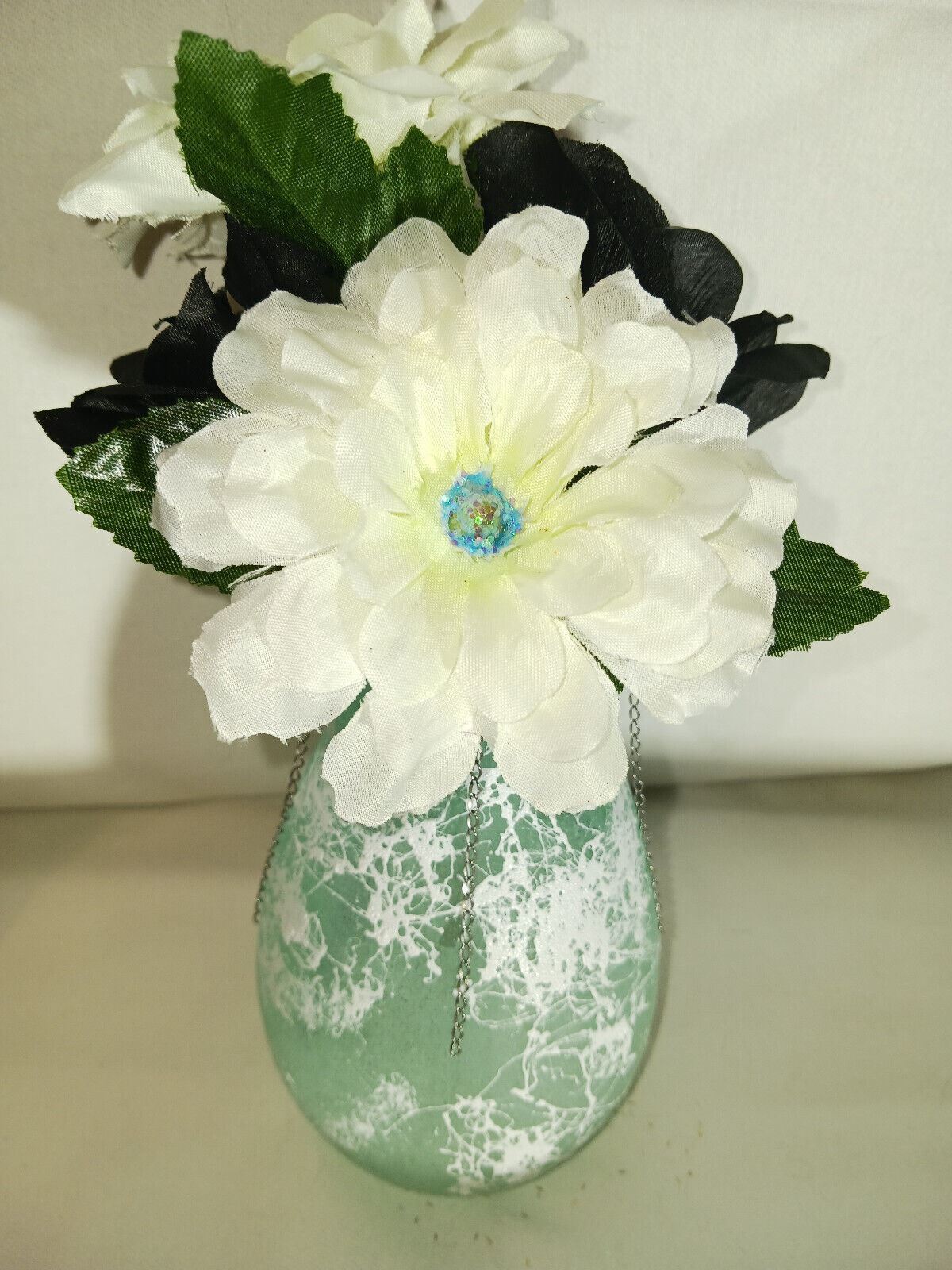 Artificial Flower Arrangement Green Glass Vase With Silver Chain Valentines Day