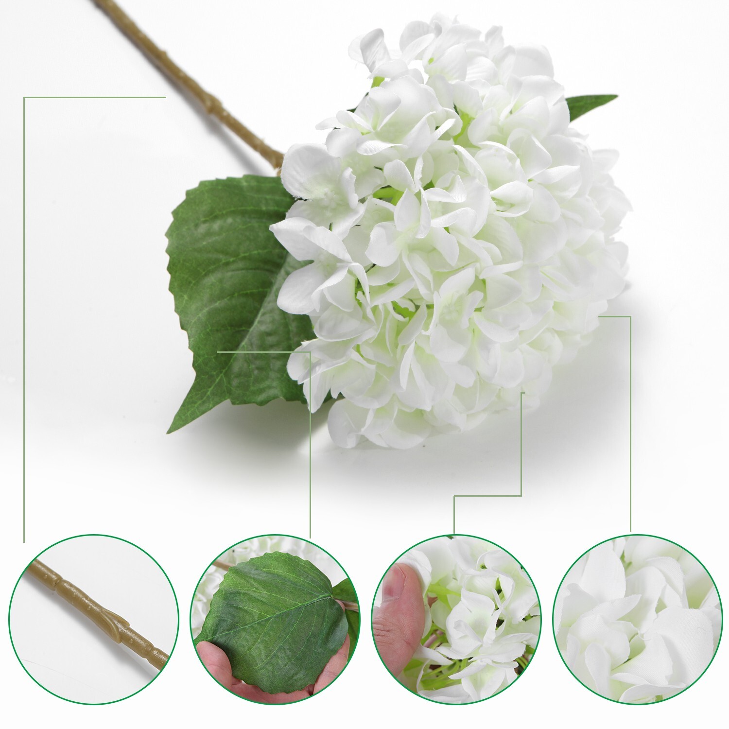 EZFLOWERY 5 Pcs Artificial Silk Hydrangea Flowers 18” Bouquet Arrangement White