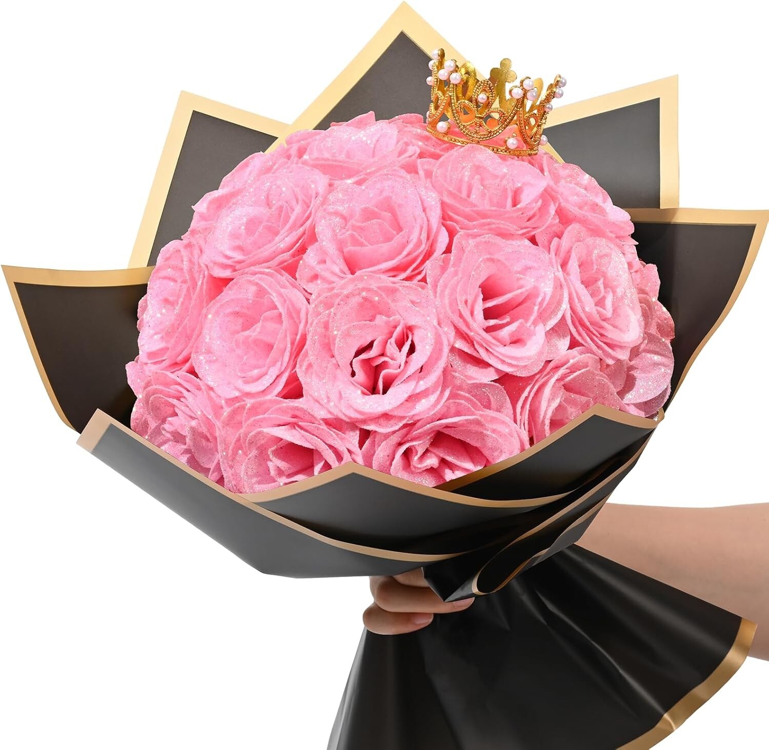 Waipfaru Pink Glitter Roses Bouquet, DIY Fake Flowers Bouquet, Everlasting Shiny