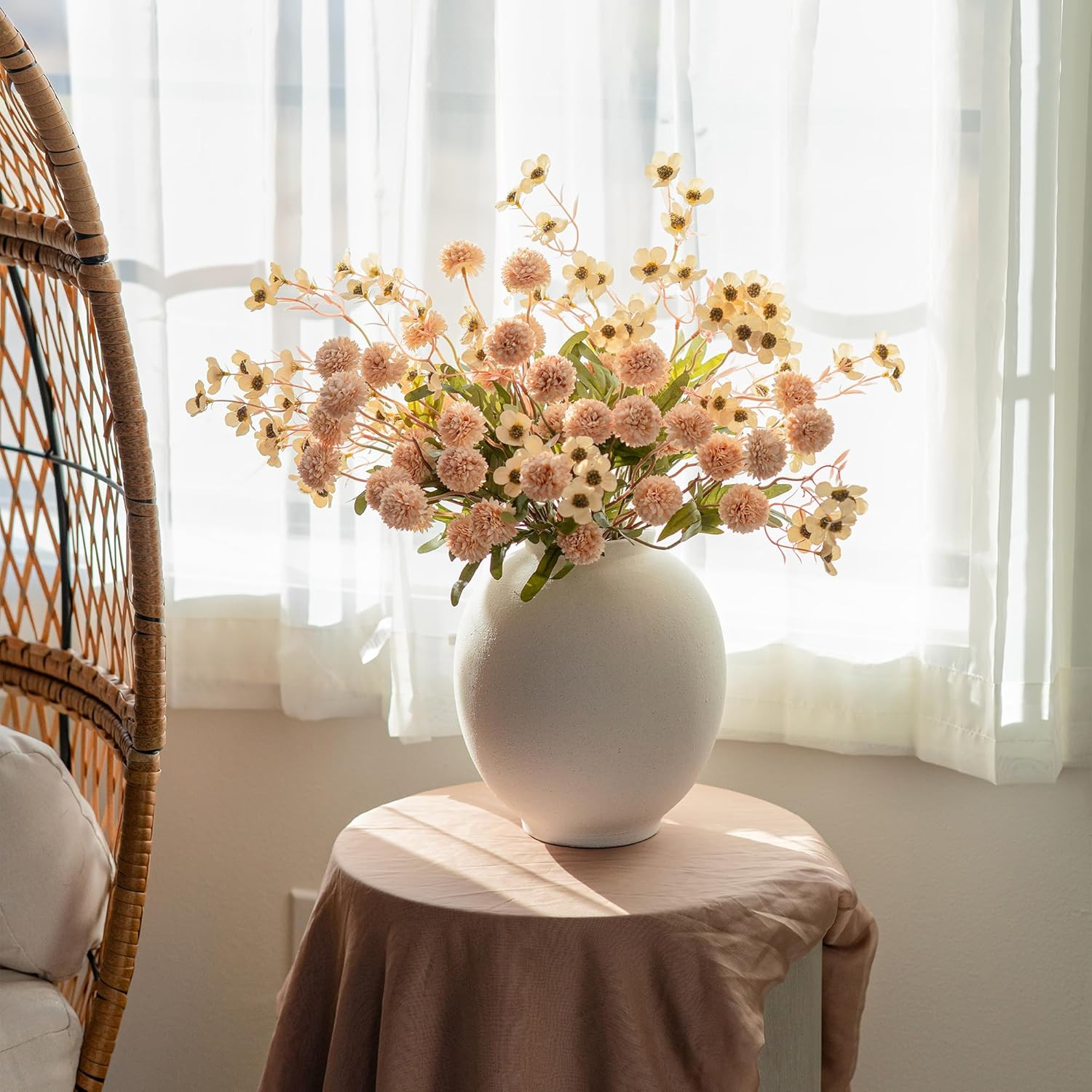 Faux Silk Pompon Mums Artificial Flowers for Vase Kiku Stems & Eucalyptus Floral