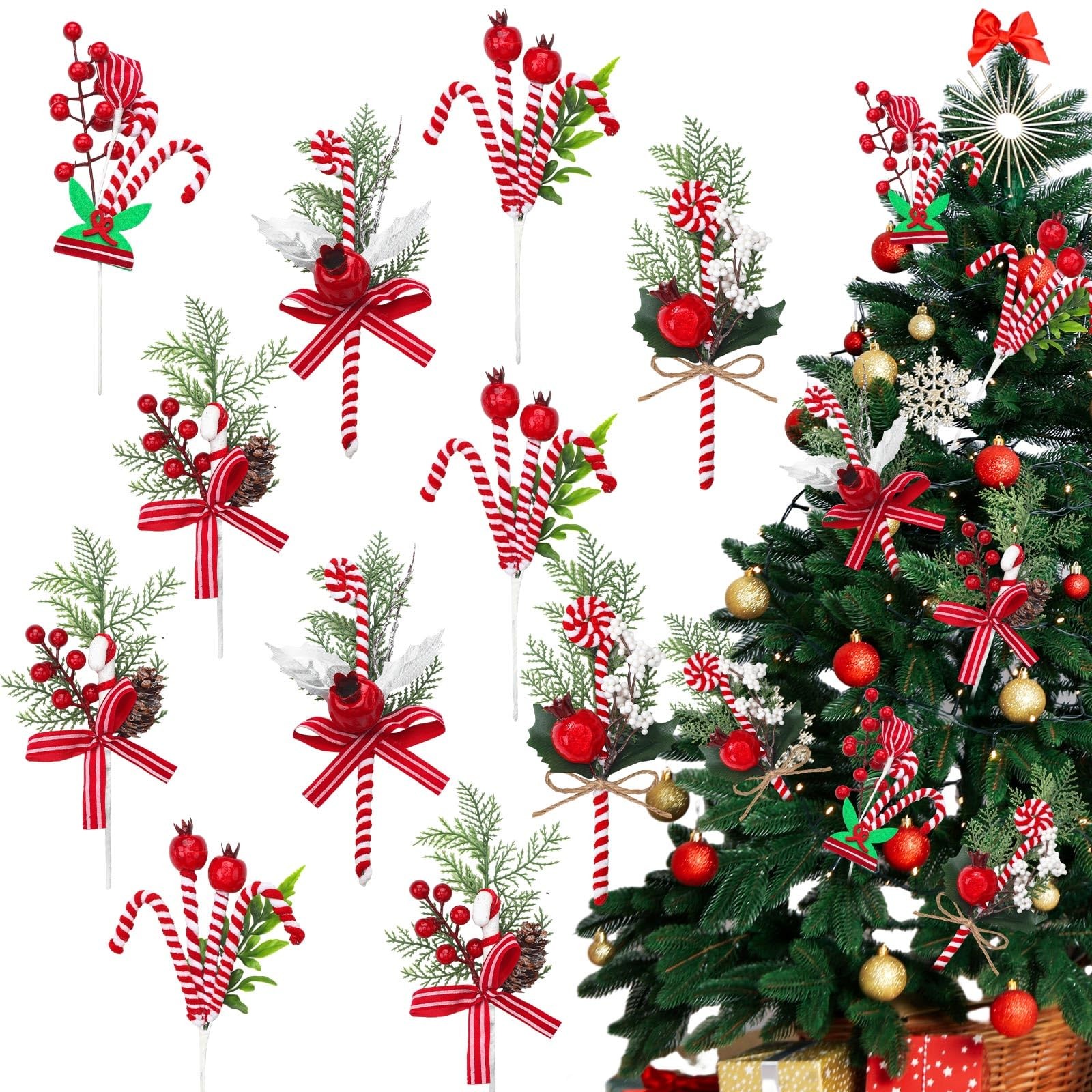 Christmas Candy Cane Picks 10 Inch Peppermint Red White Tree Ornaments 20 PCS