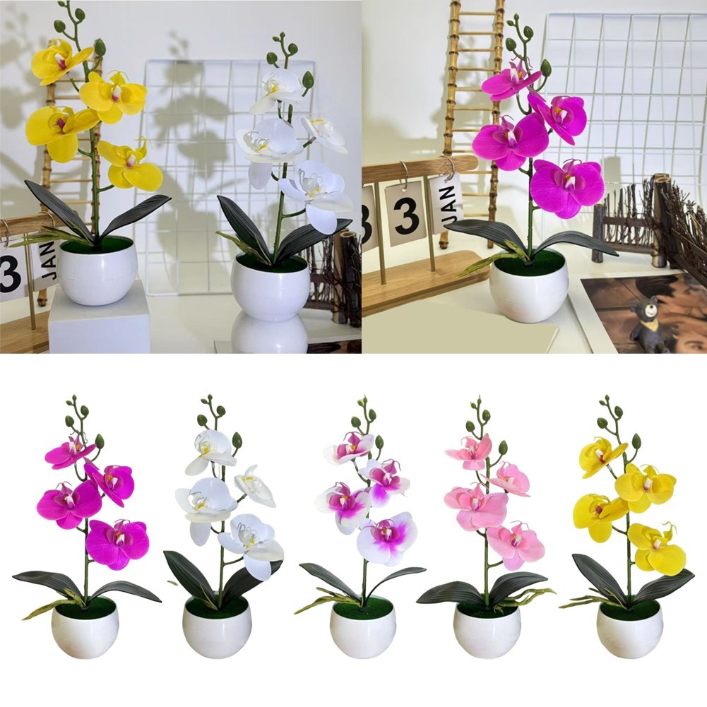 Faux Orchid Four Flower Bonsai in Small Round Belly Pot for Home Office