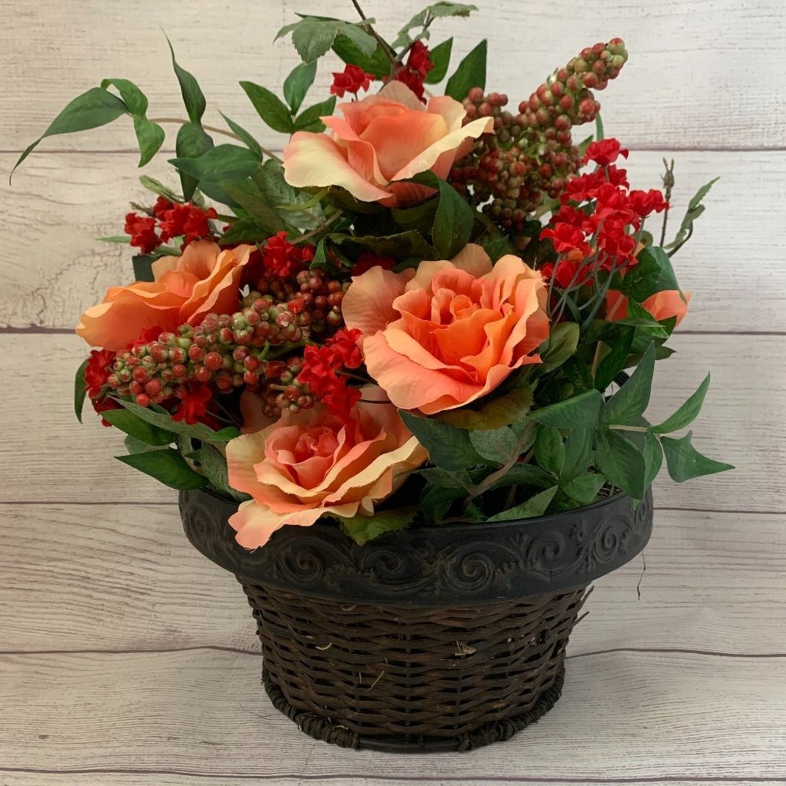 Faux Floral Arrangement Basket Wall Hanging Planter Rose Flower and Berries 15″H