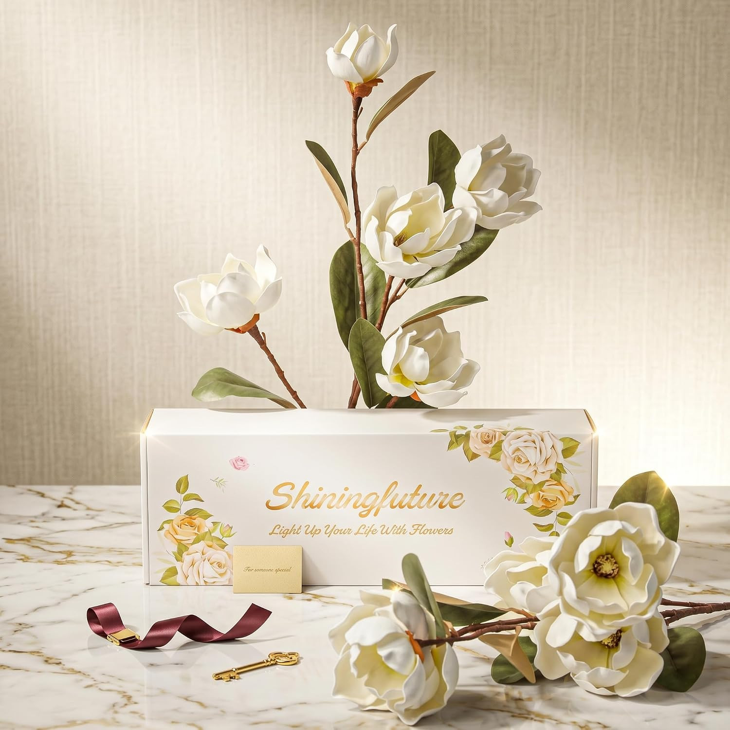 Realistic White Magnolia Faux Flowers with Green Leaves – 3 Pcs for Decor
