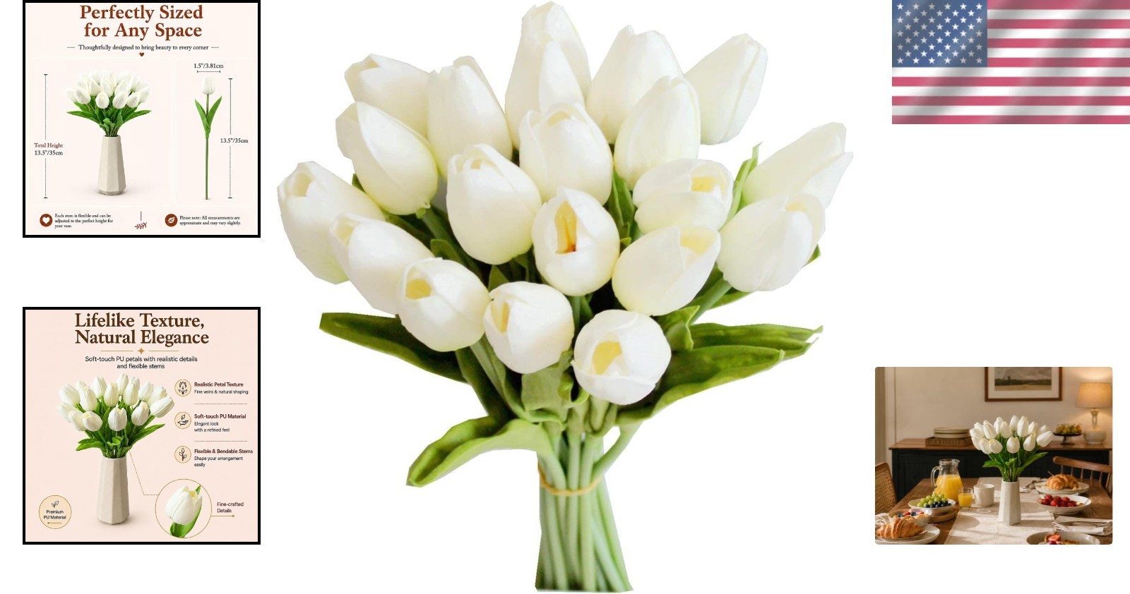 Versatile 20 Artificial White Tulips – 13.5in Eco-Friendly Faux Floral Decor
