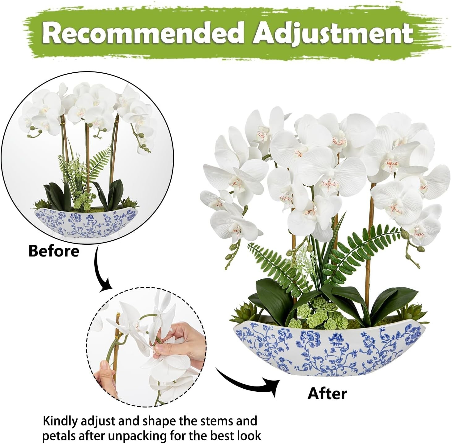 Lifelike 18in White Silk Orchid Centerpiece in Stylish Ceramic Vase for Any Room