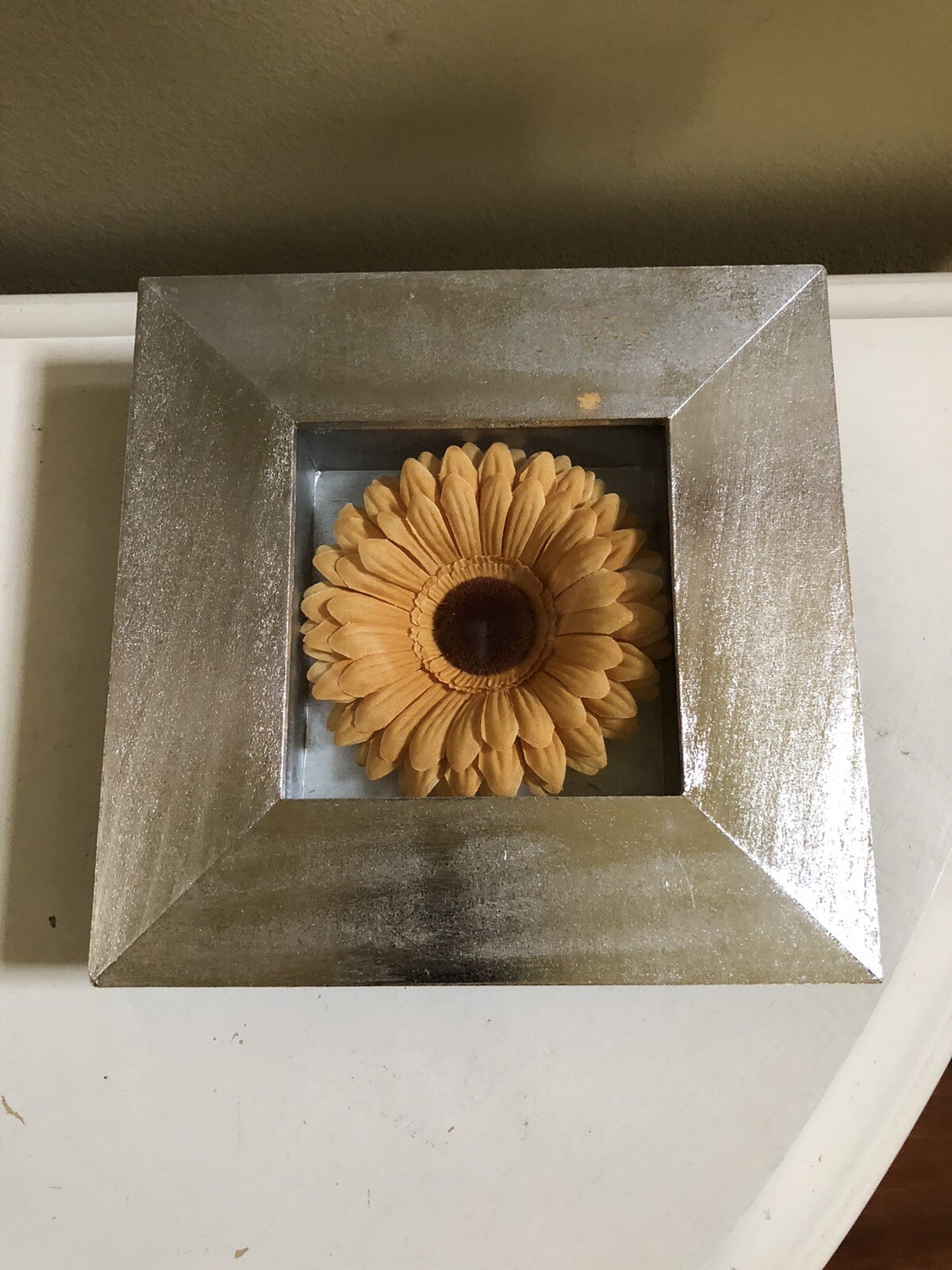 Pier 1 Vintage Silver Framed Shadowbox Gerber Daisy Yellow Decor Art Spring
