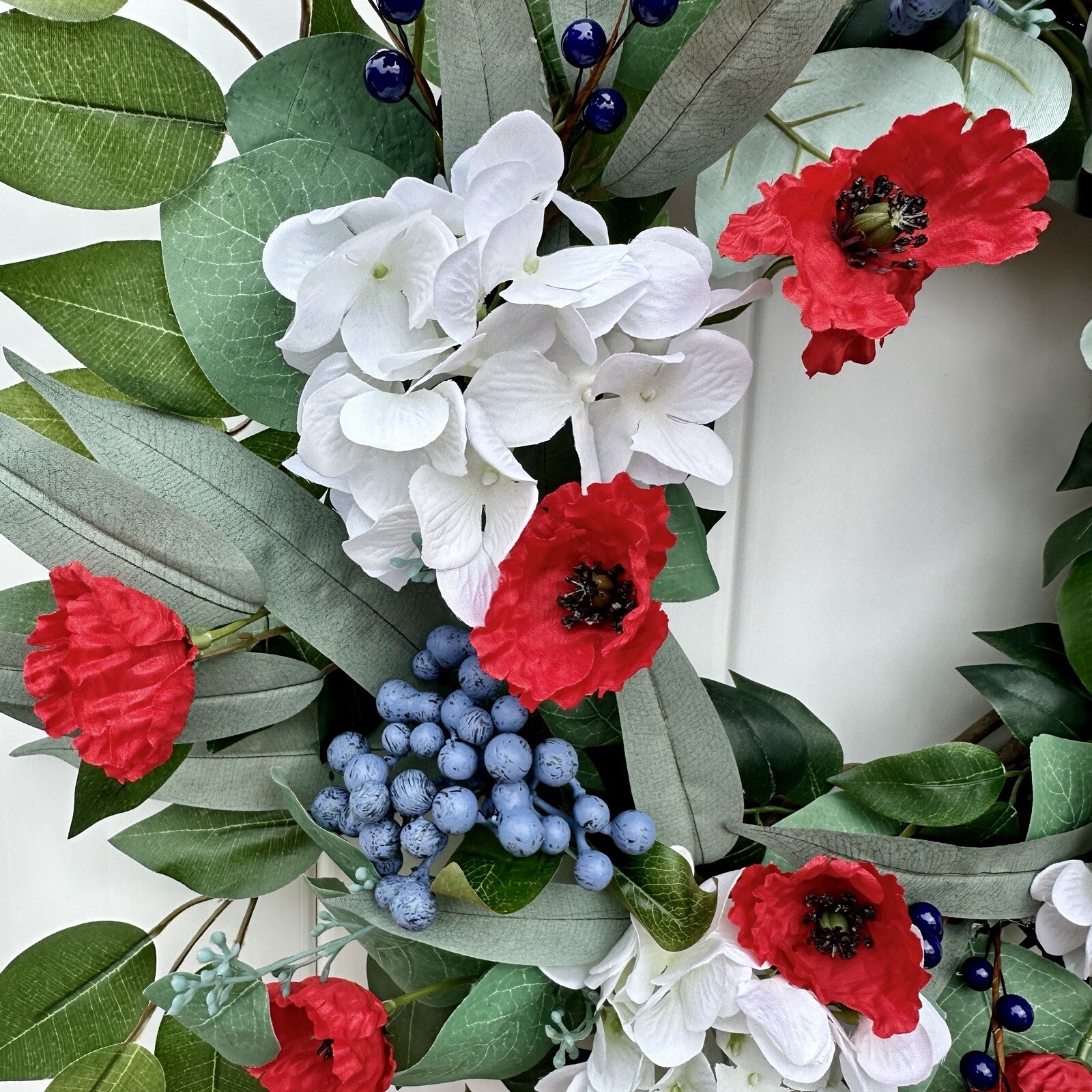 Hydrangea, Red Poppy, Blueberry,and Ficus 22” Wreath