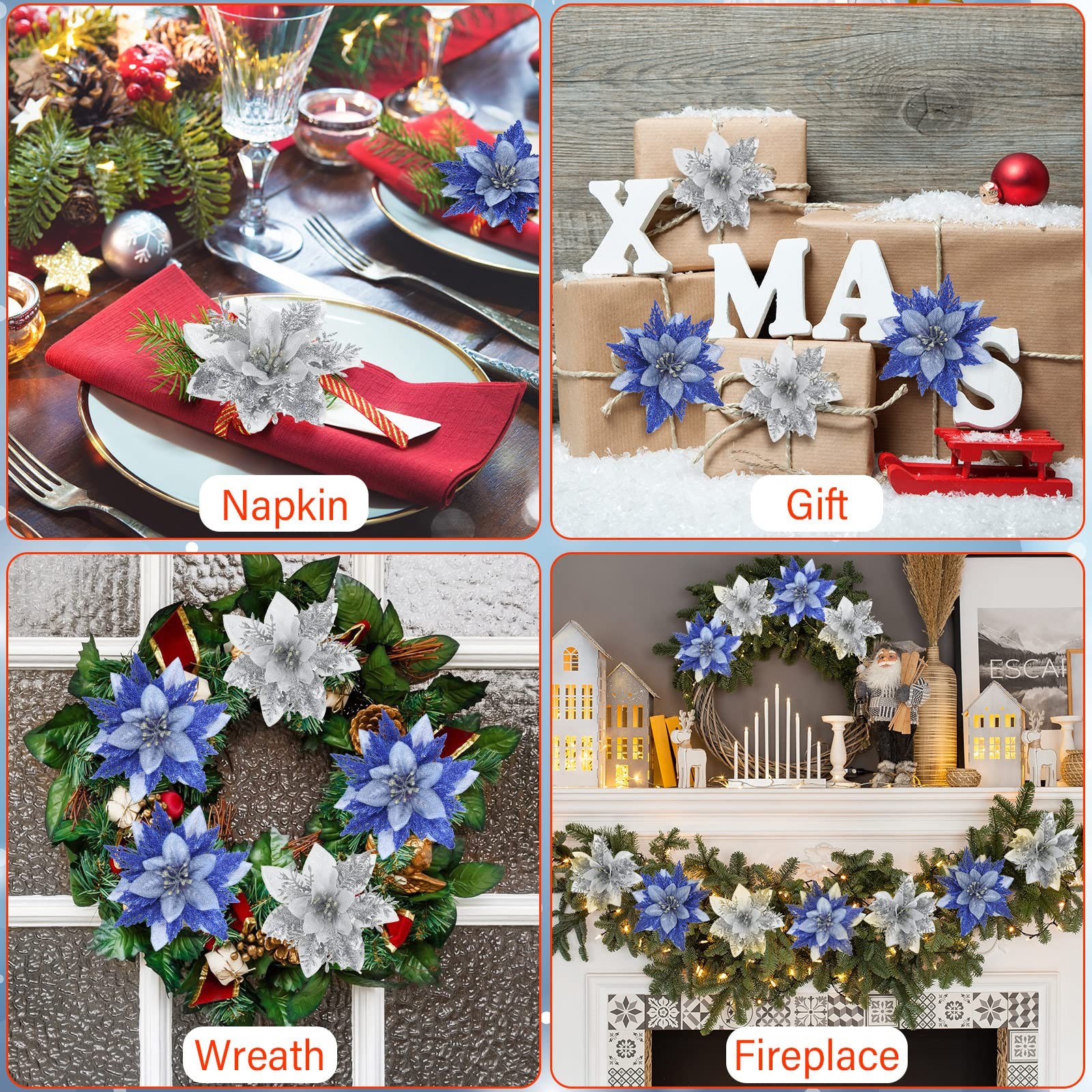 30 PCS Christmas Poinsettia Artificial Glitter Flowers For Xmas Tree Decor