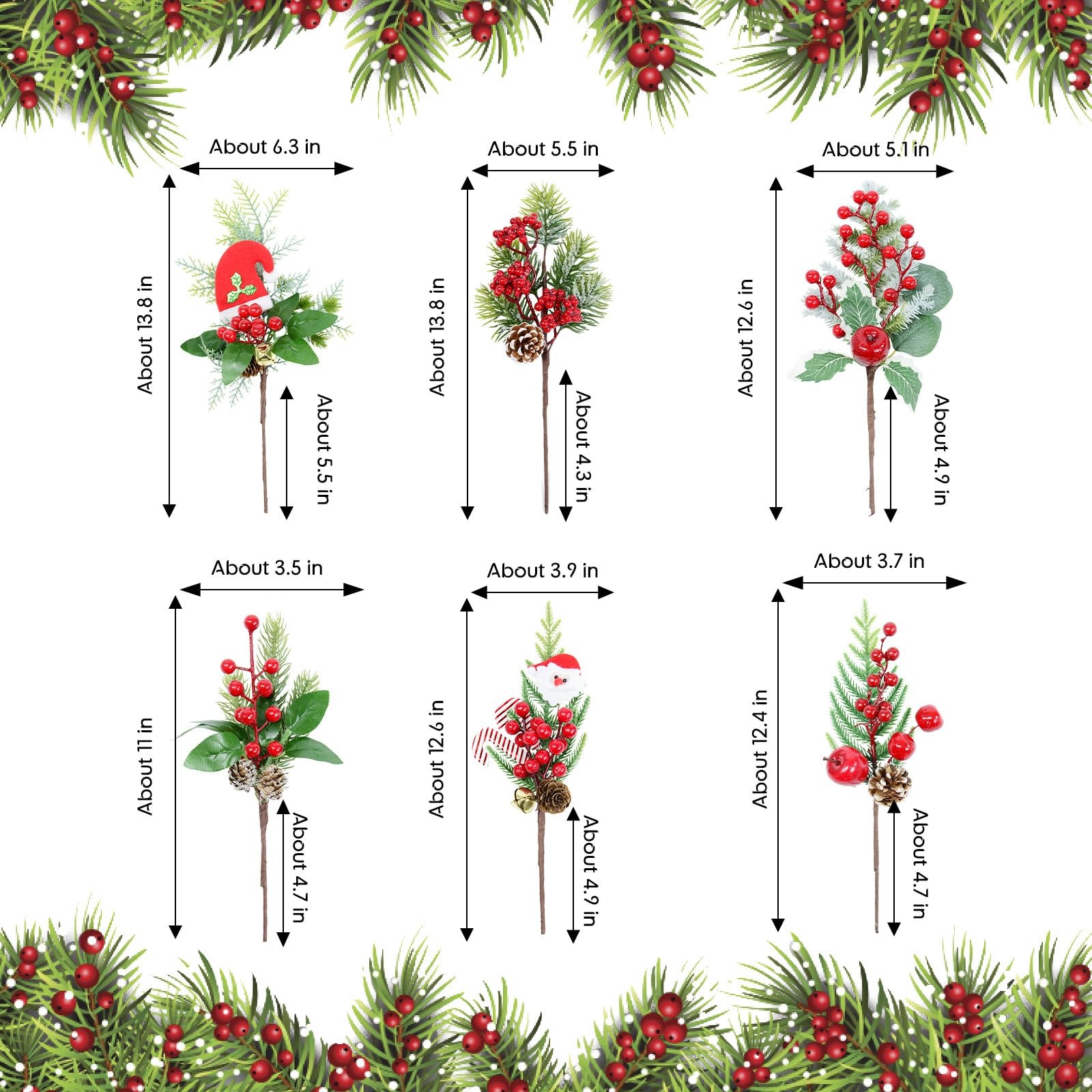 Christmas Berries Pine Picks, 6 Pcs 13 Inch Artificial Pinecone with Berry, R…