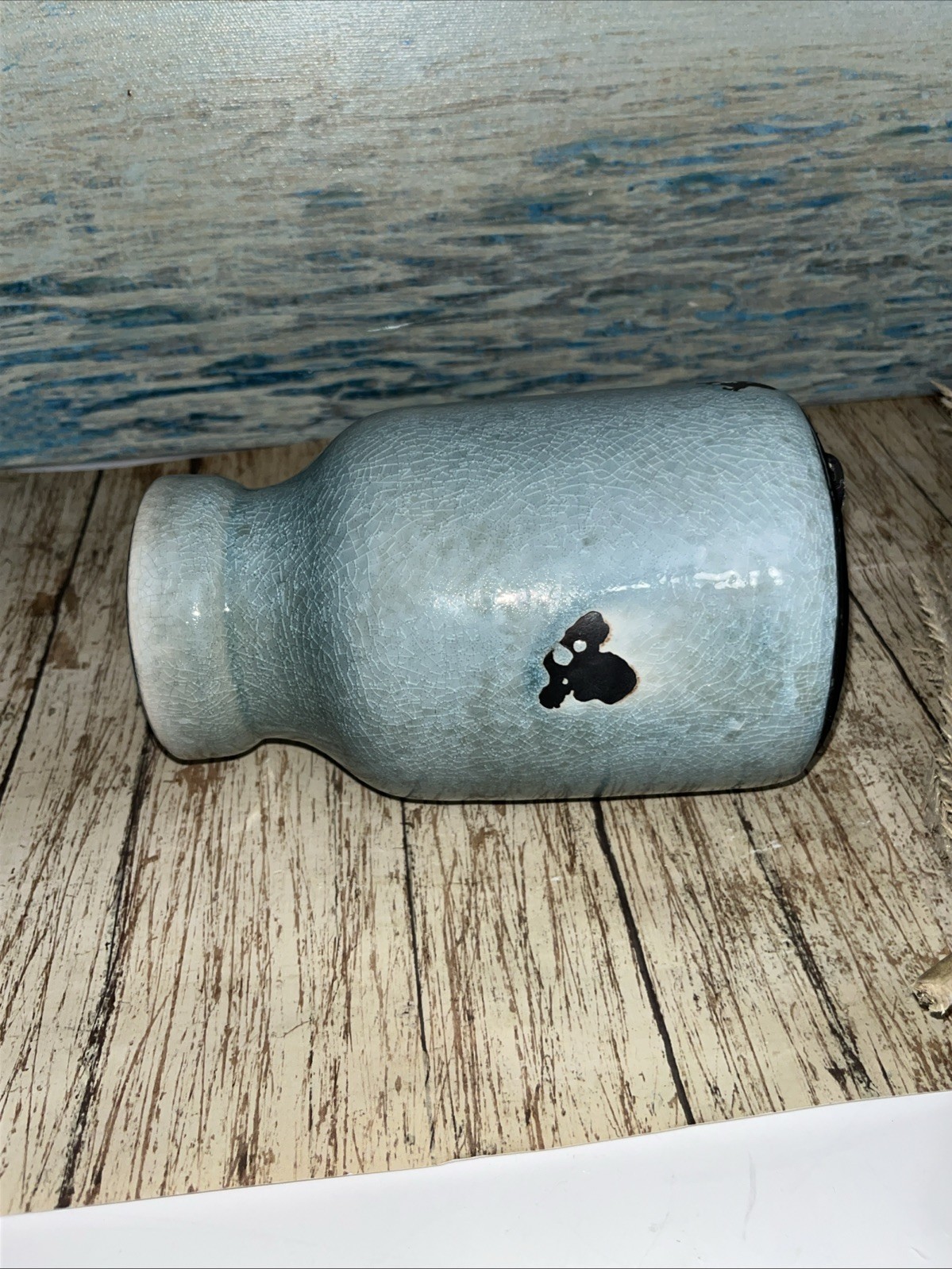 Blue Vase Distressed With Artificial Pampas Grass Arrangement Beige Coastal