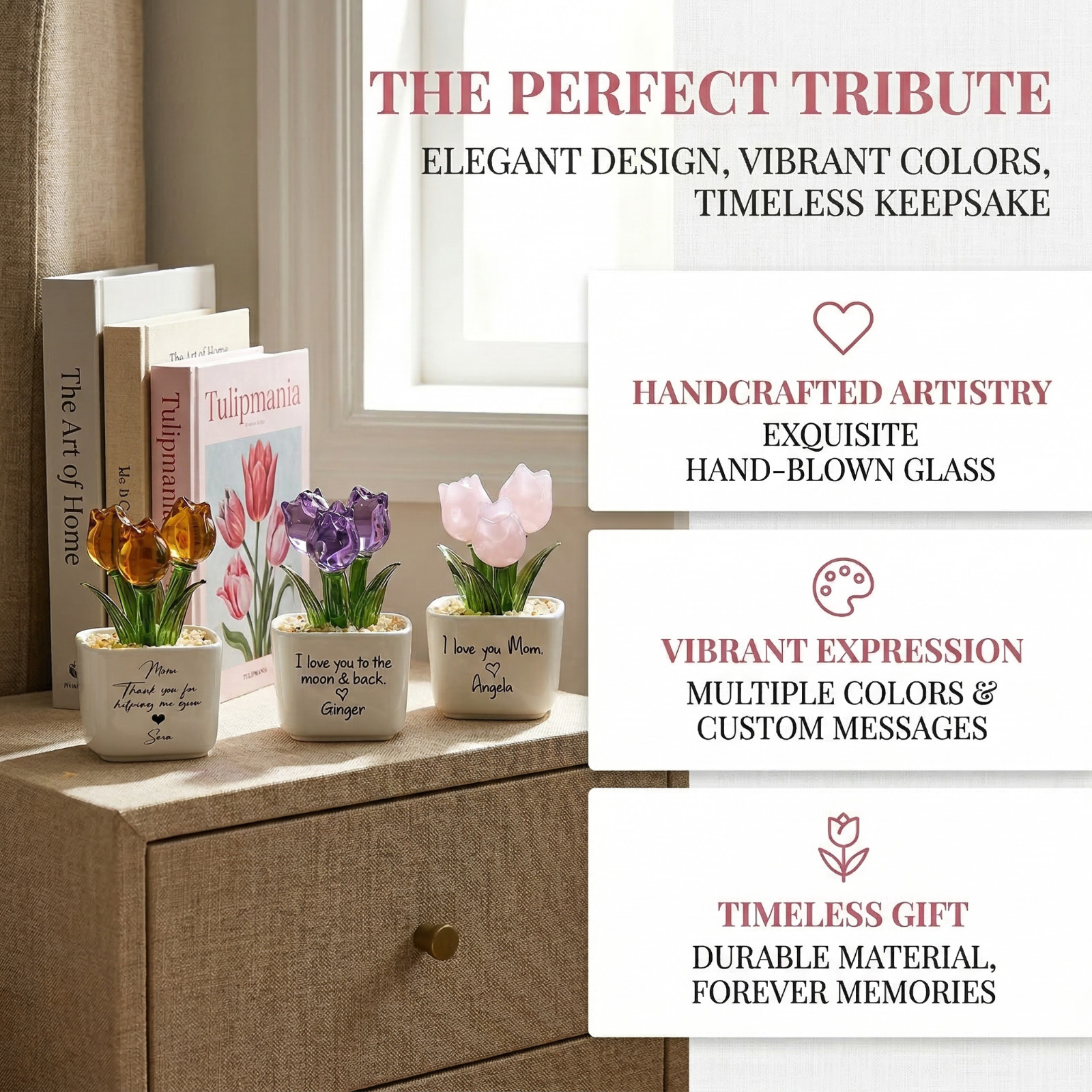 Custom Glass Tulip Flower Pot Personalized Gift for Mom Birthday Decor