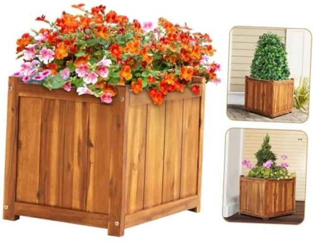 Hardwood Outdoor Flower Box, Durable Acacia Wood Flower Boxes Square Natural