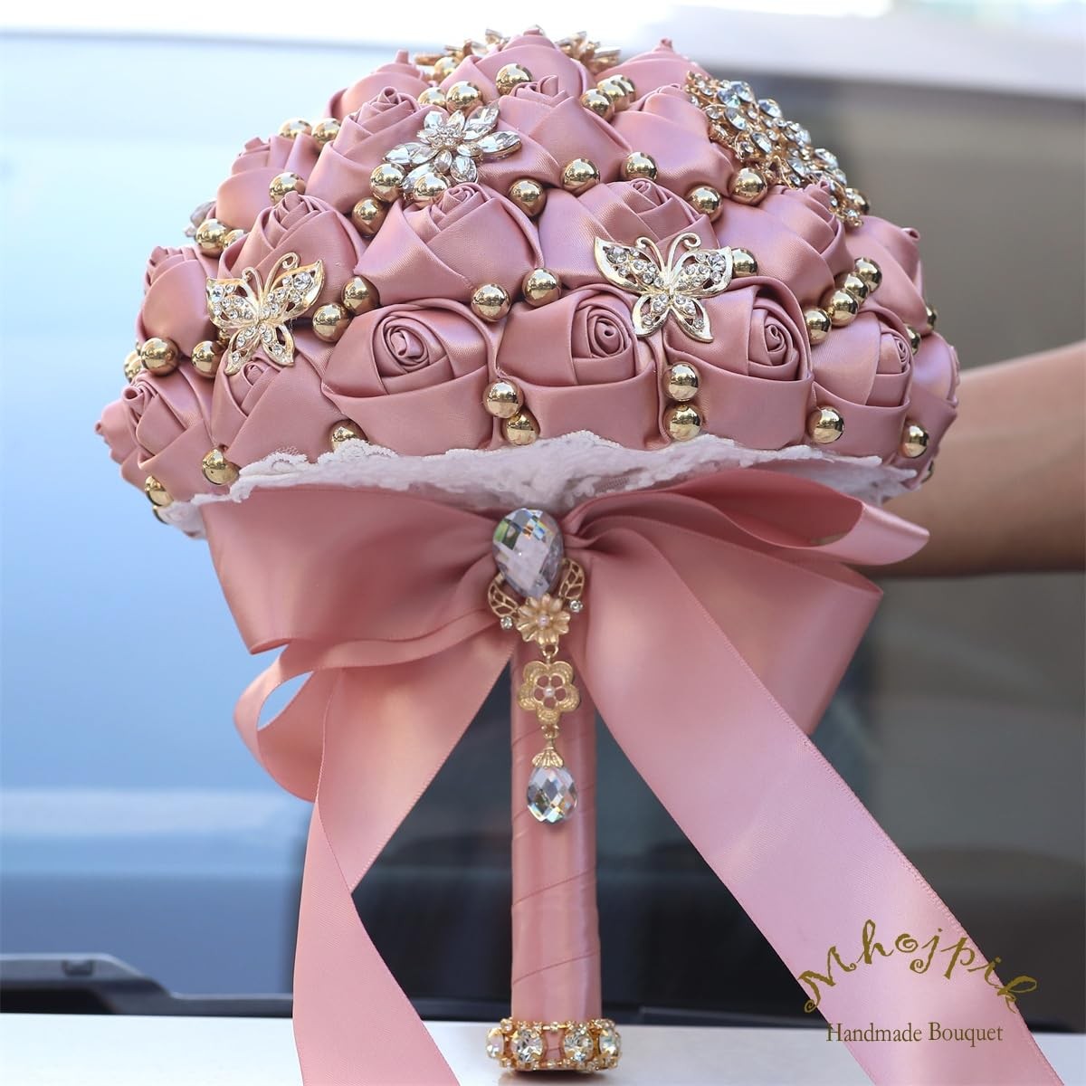 Bridal Wedding Bouquet Round Throw Toss Artificial Rose Blush Pink 7.1 Inch