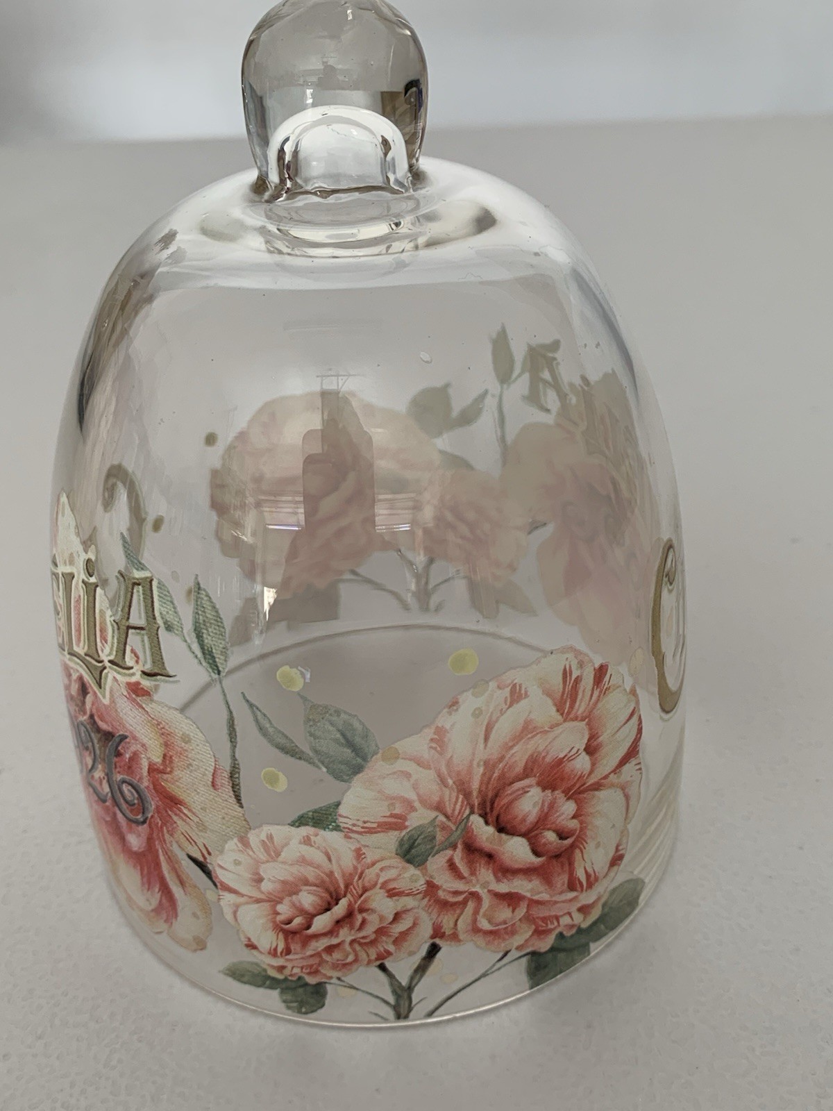 Vintage Style Clear Glass Bell Cloche Camelia 1926 Pink Rose Flower Display Dome